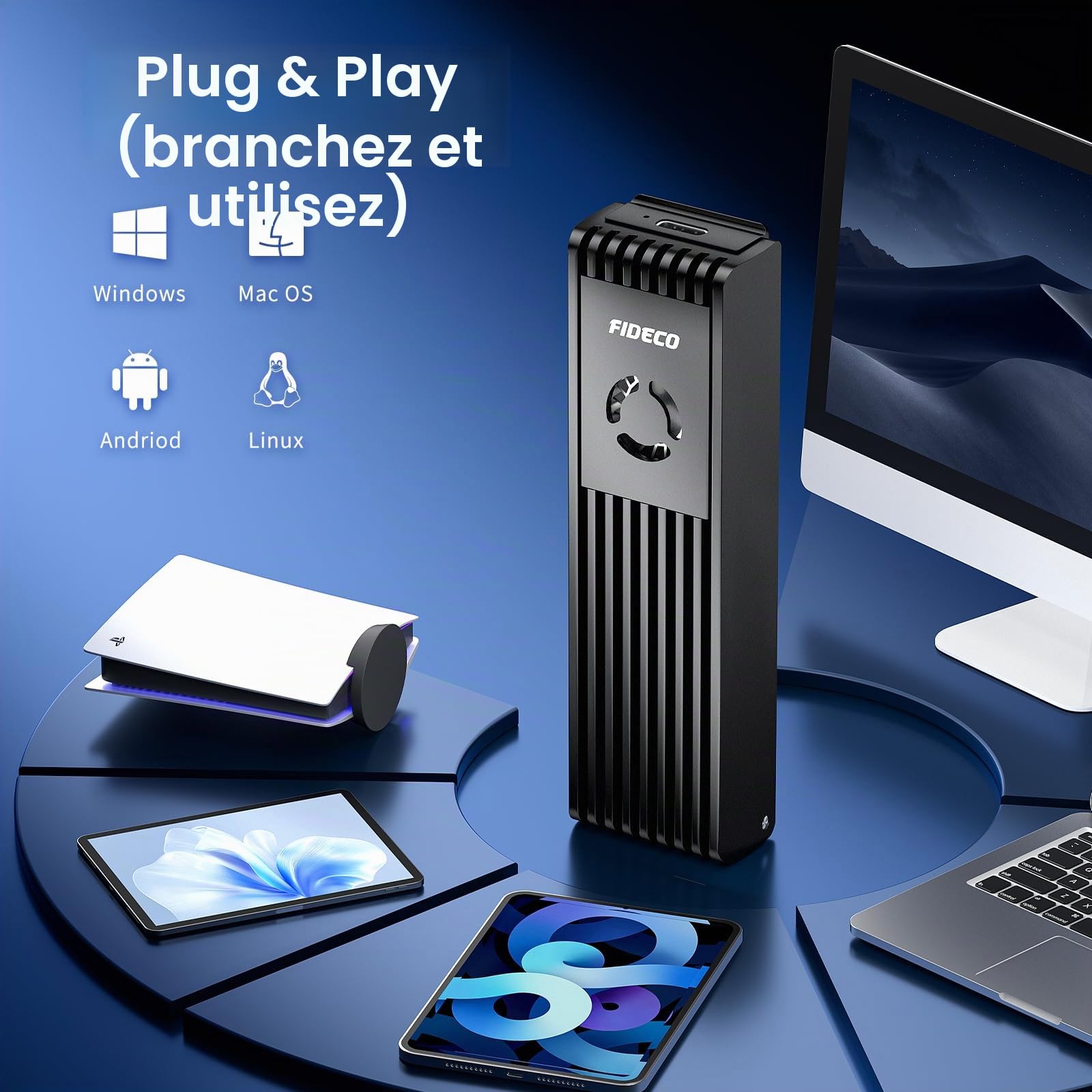 FIDECO Boîtier SSD M.2 NVMe SATA, Adaptateur M.2 NVMe vers USB avec Ventilateur de Refroidissement, Lecteur SSD USB 3.2 Gen 2 (10Gbps) pour PCIe M-Key/M+B Key, Supporte UASP et Trim, Aluminium