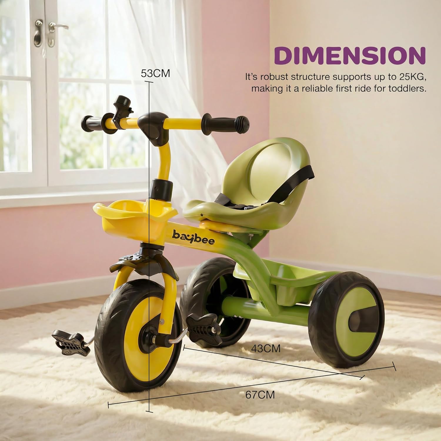 Baybee Nova Baby Tricycle for Kids | Plug & Play Kids Cycle with Safety Belt & Dual Storage Basket | Balanced Trikes with Eva Wheels & Bell | Baby Cycle 2 to 5 Years Boys Girls (Green/Yellow)