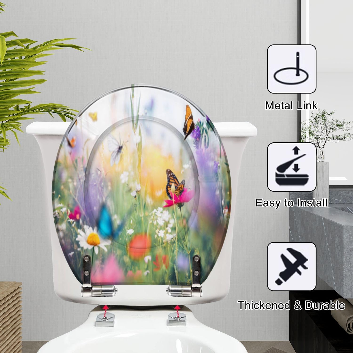 Round Toilet Seat Meadow With Butterflies Resin Toilet Seat Quietly Slow Close with Quick-Release Hinges Toilet Seat with Cover Easy to Clean Install