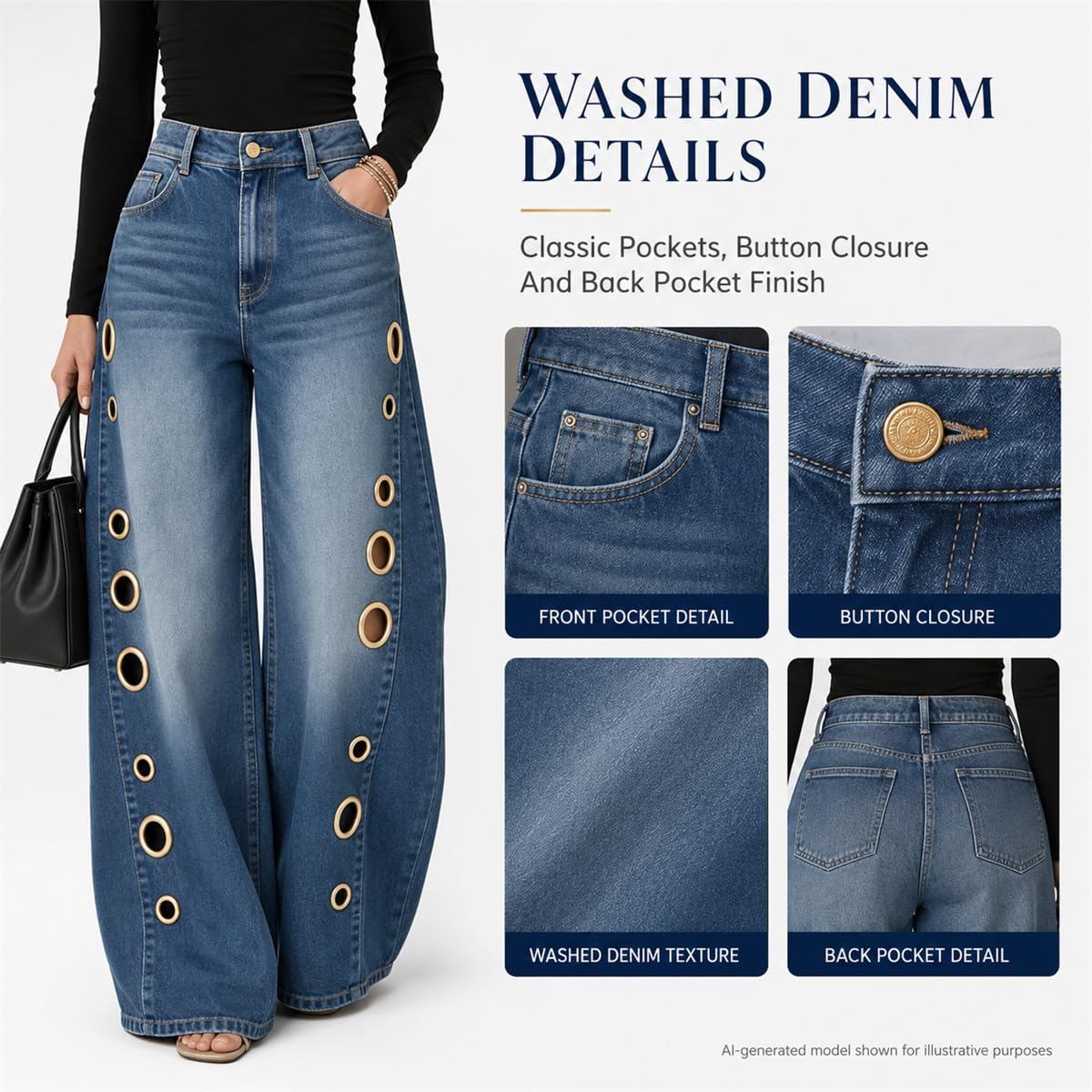 Jeans Donna con Occhielli Metallici, Vita Alta E Gamba Larga