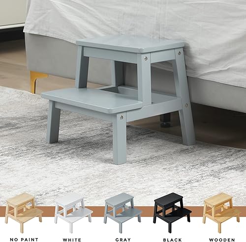 Miniatura 8 de HOUCHICS Taburete de madera para adultos y niños, taburete de cama de madera maciza, taburete multiusos de 2 pasos para cocina, cama, baño (gris)