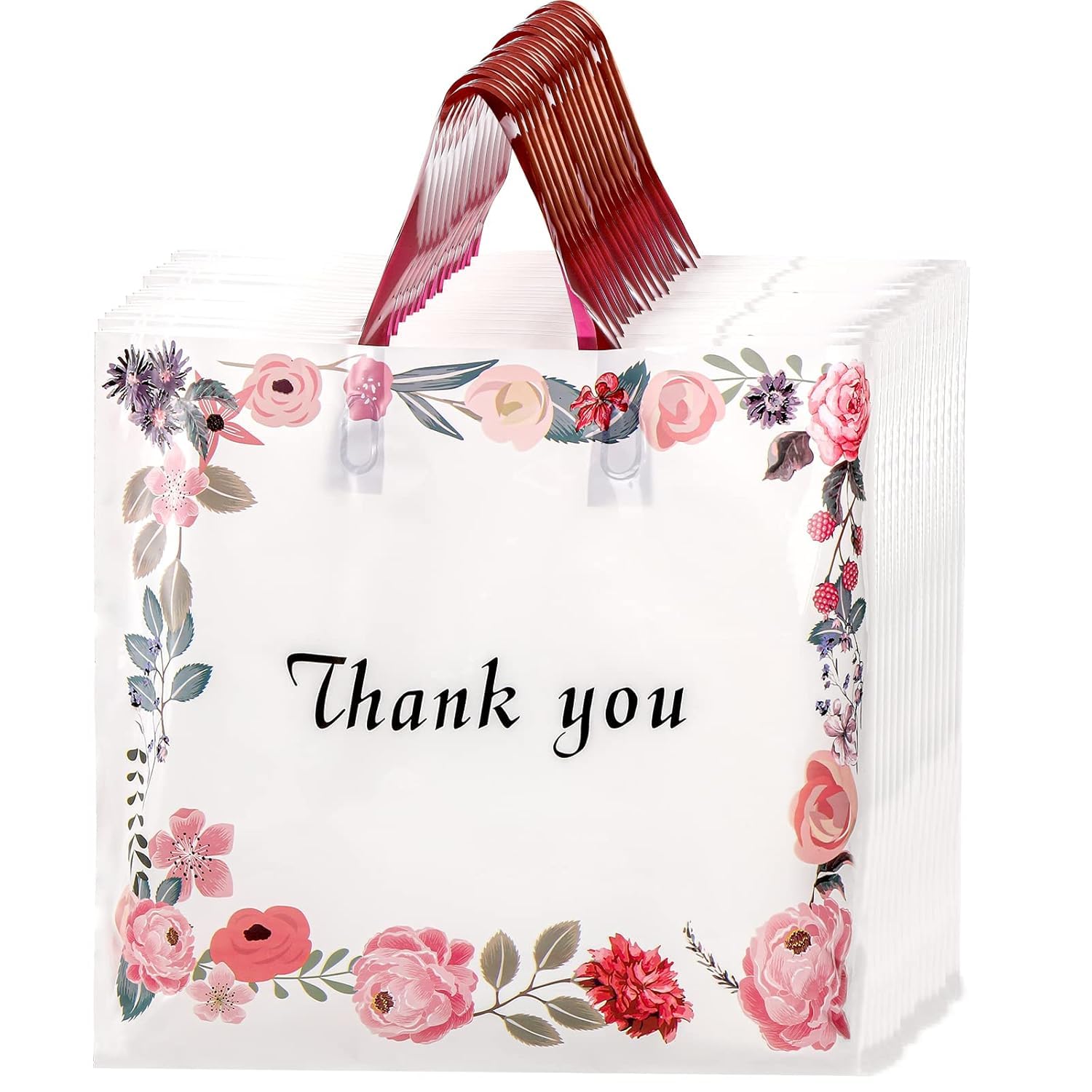 SOUJOY 60 Pack Thank You Bag, Plastic Shopping Bag with Handles, 14'' x 12'' Spring Flowers Reusable Merchandise Bags, Gift bag for Boutique, Clothing