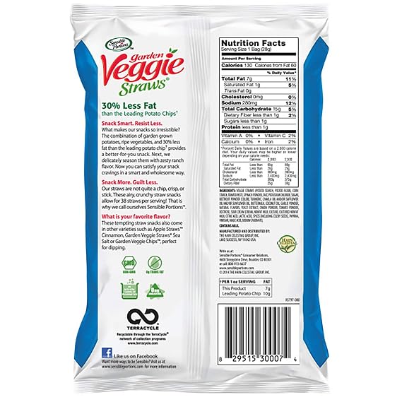 Sensible Portions Garden Veggie Straws, Zesty Ranch, 6 Count