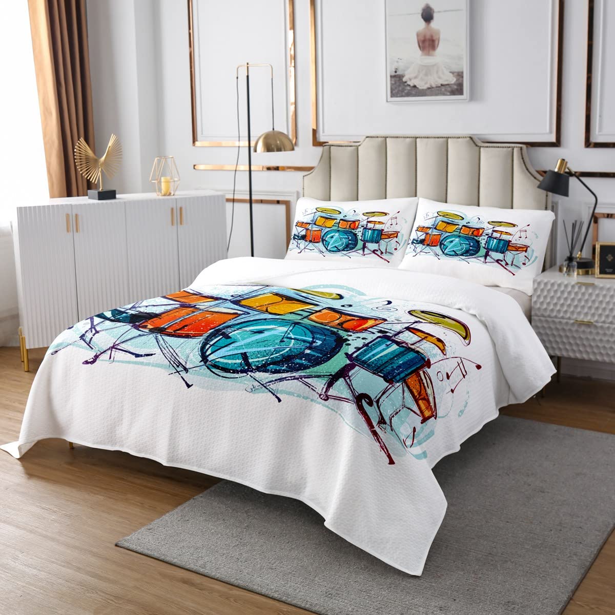 Rock Music Coverlet Set Drum Kit Copriletto per Bambini Ragazzi Ragazze Adolescenti Camera Decor Strumento Musicale Trapuntato Coperta Hip Hop Colorato Bianco Trapuntato 3Pcs260x240cm