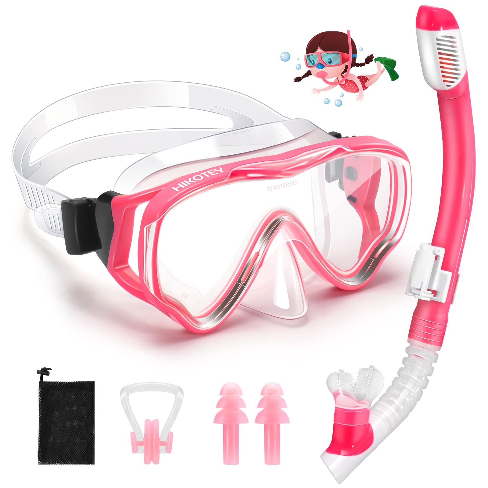 HIKOTEY Children's Snorkel Set, Anti-Fog and Dry Snorkel, Anti-Leak Dry Snorkel Set, 180° Panoramic Foresight with Waterproof Earplugs, Snorkelling Set for Boys Girls - Pink
