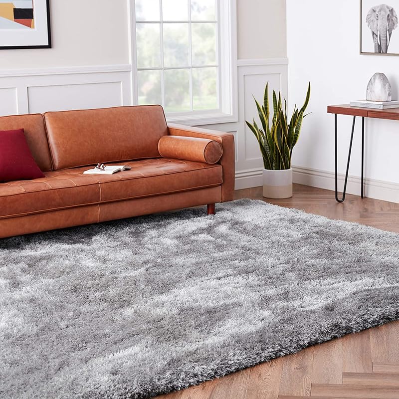 Image of Plain Fur Rugs Bedroom Drawing Room 5x7 Feet Microfiber 2 Inch Pile Height Modern Interior Mat Silver Color