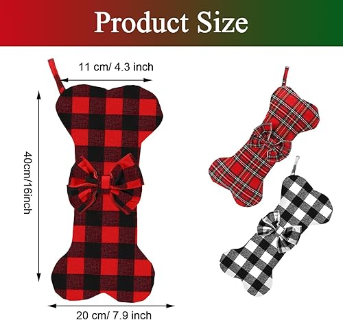 Miniatura 10 de Skylety Pet Dog Christmas Stockings Buffalo Plaid Large Bone Shape Hanging Christmas Stocking Buffalo Plaid Stocking for Xmas Party Family Gathering