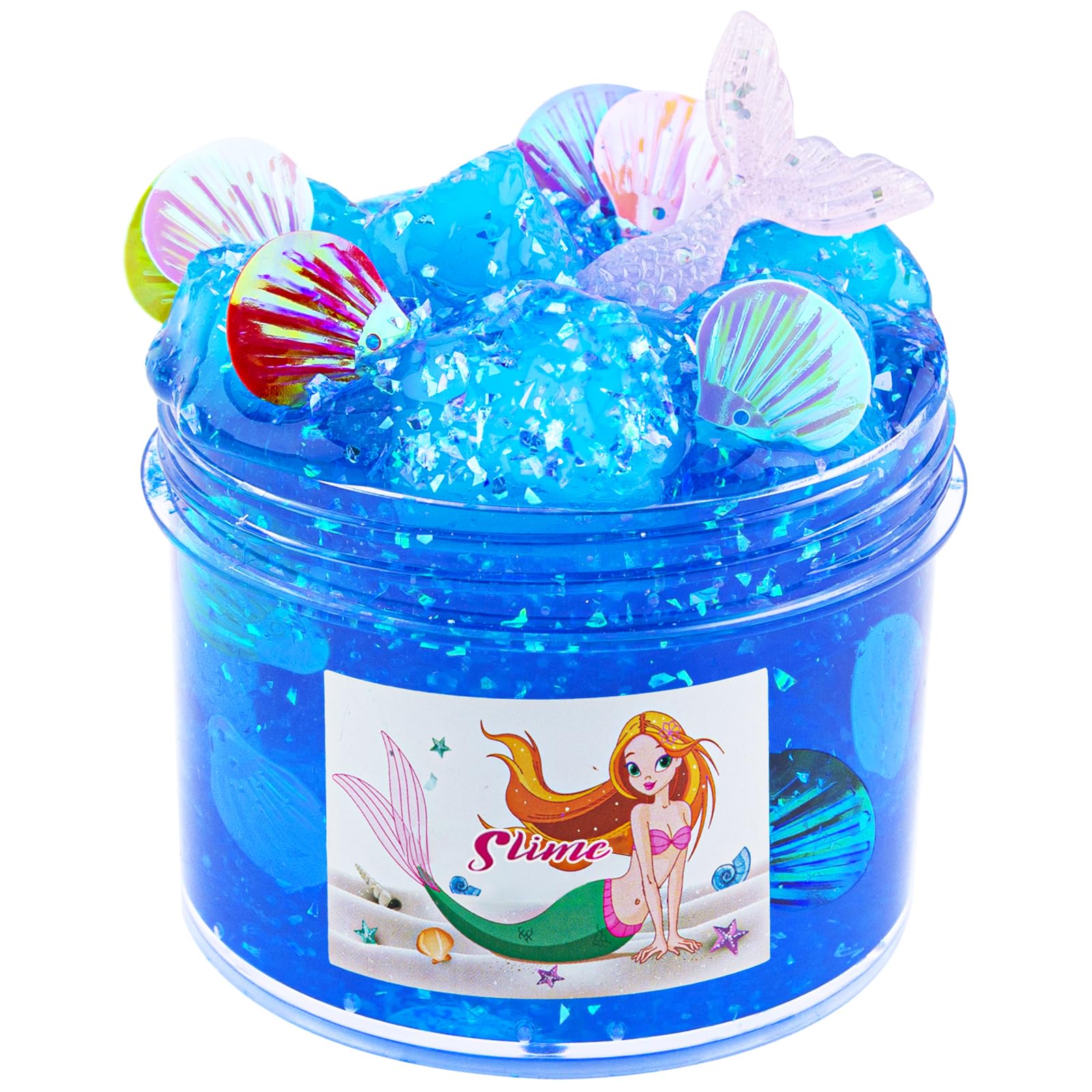 200ML Slime for Kids, Mermaid Clear Slime Kit for Girls and Boys Ages 8-12, Crunchy Slime with Jelly Cubes, Blue Slime Charms, Non Stick Slime for Kids Party Favors, Birthday Christmas Easter Gifts