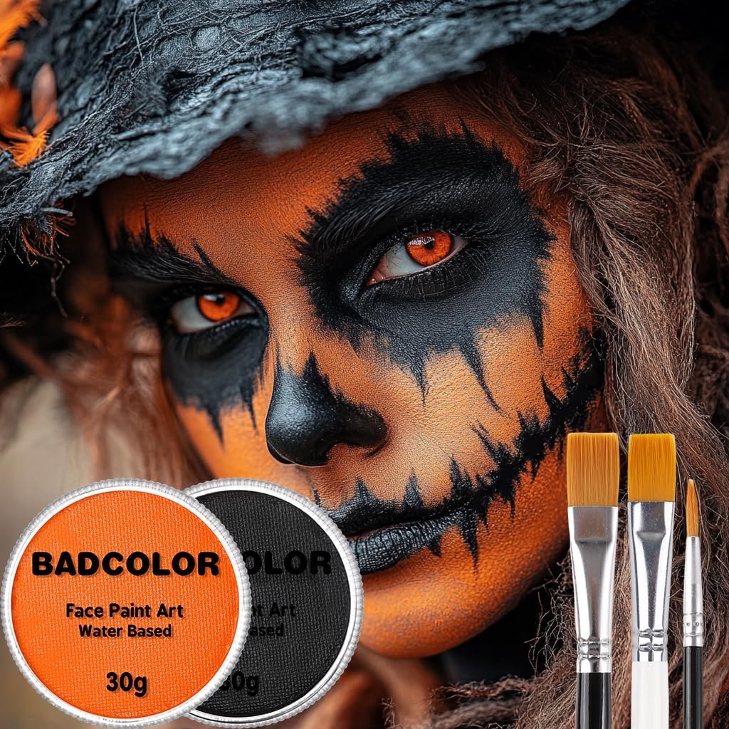 Black Orange Face Body Paint with Brushes for Pumpkin Halloween Makeup, Water Based Face Painting Kit Non-Toxic for Adults Party, Facepaint for Scarecrow Clown Tiger Lion Costume Cosplay Make-Up - Image 6