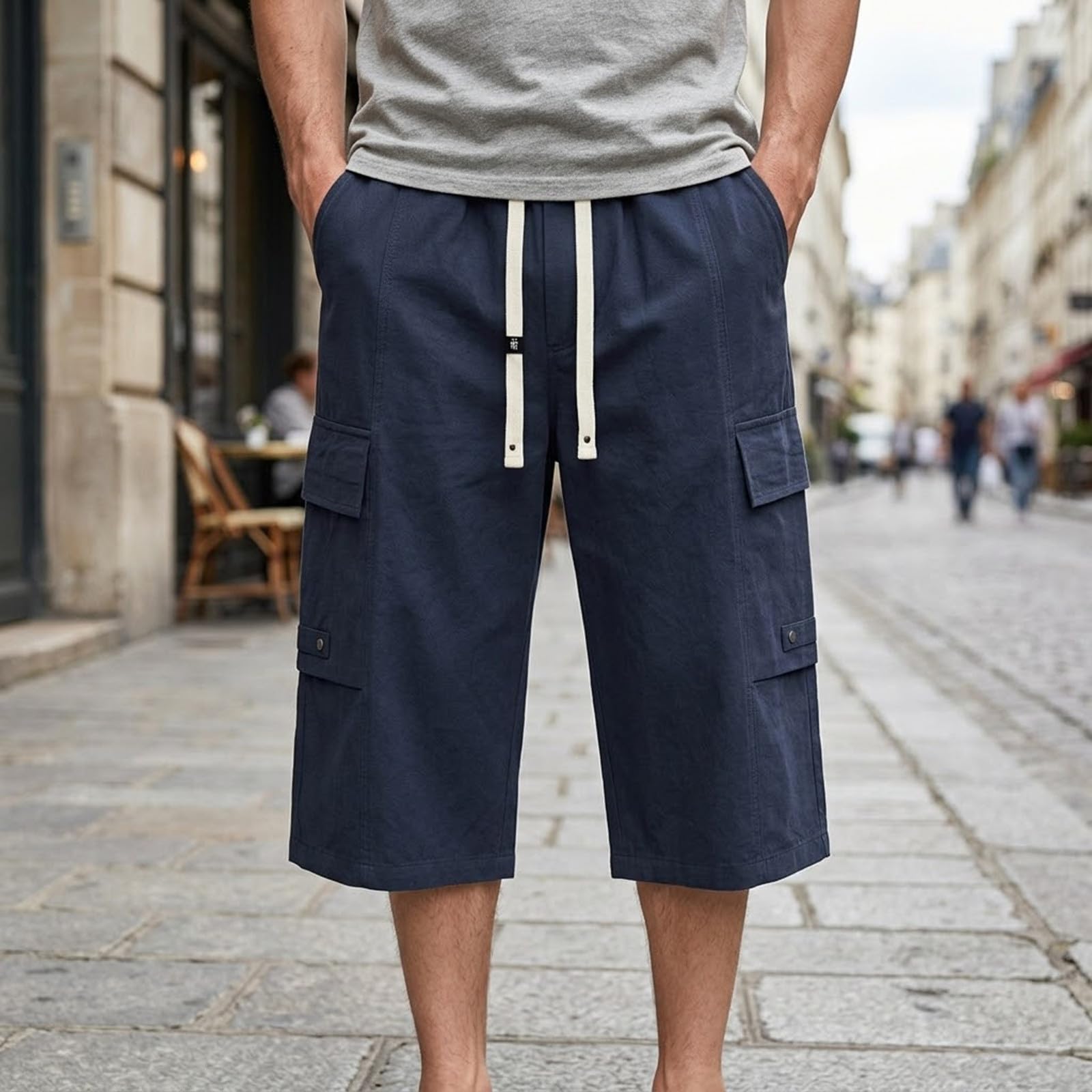 Pantalon 3/4 en lin pour homme - Pantalon court d'été décontracté - Short en lin 7/8 - Pantalon Capri léger - Pantalon d'été - Pantalon de jogging - Pantalon de travail - Bermuda cargo avec