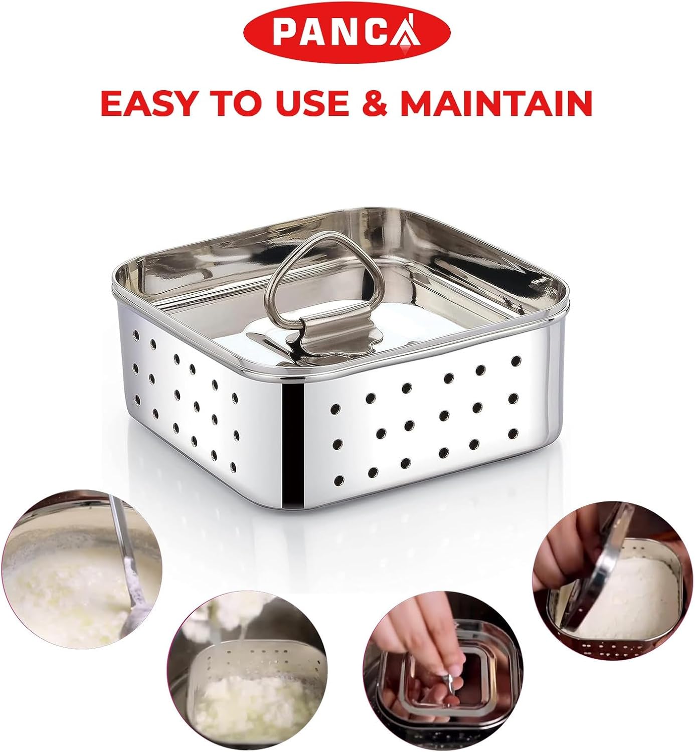 PANCA Stainless Steel Square Shape Indian Paneer/Tofu Press Mould Maker (450 Ml), Size-12.5X12.5X4.5 Centimeters, Silver (Big)