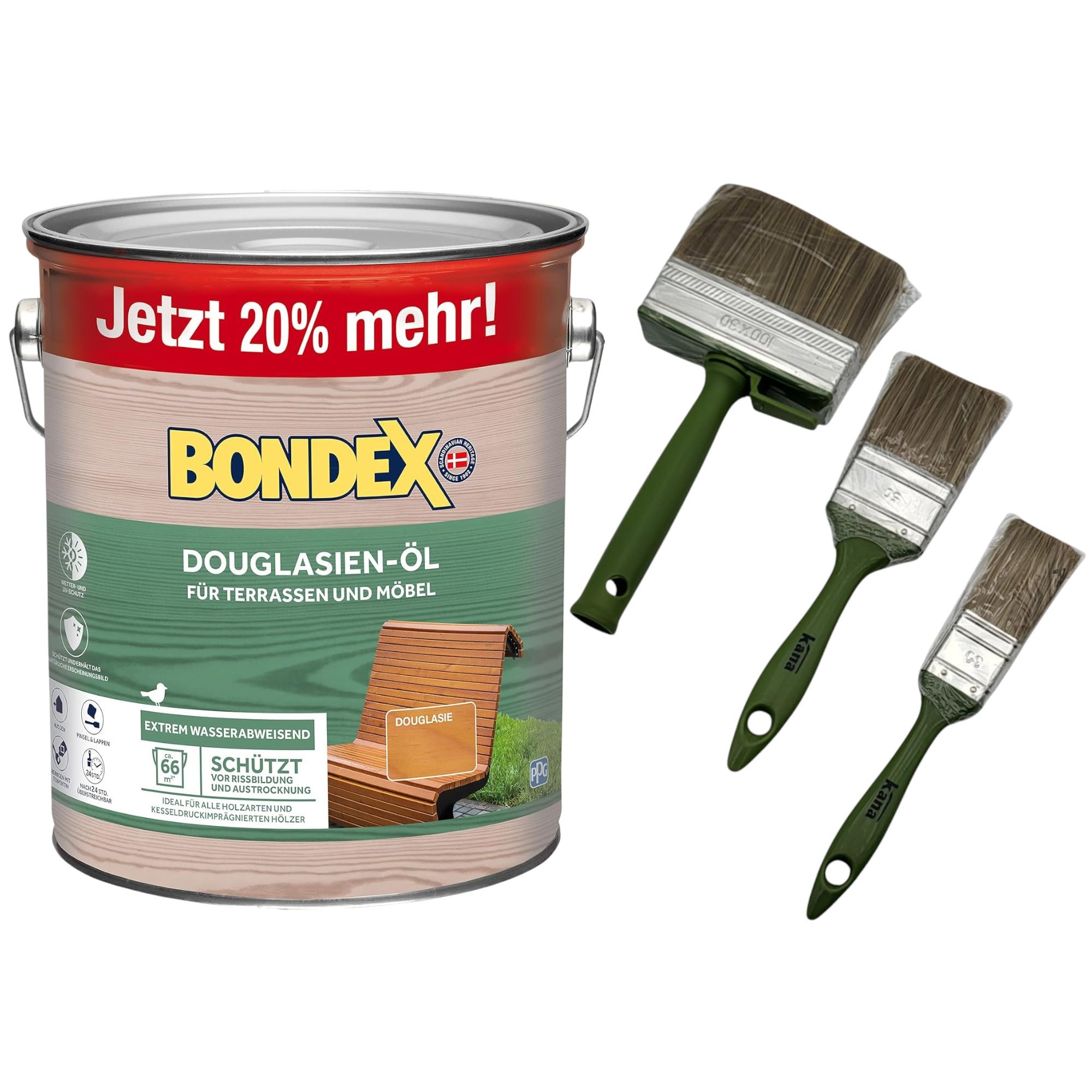 zbs24 Bondex Douglasien Öl 3 Liter, für Terrassendielen und Möbel, exellenter Wetter-und UV-Schutz, Schützt und Pflegt Hölzer im Aussenbereich inkl. 3 teiligem Pinselset
