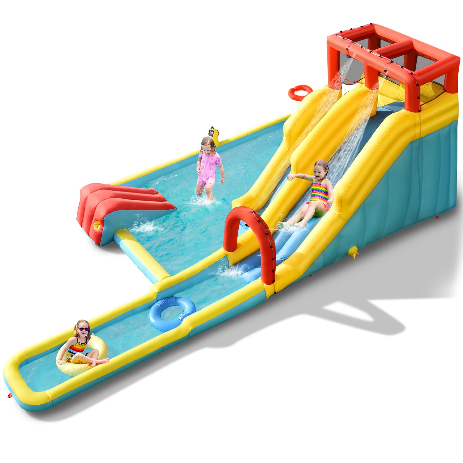 LIFEZEAL Castillo Hinchable acuático para niños, Parque Inflable con Doble tobogán, casa Infantil de Rebote con Pared de Escalada, Pistola de Agua, Anillos de natación para 3-10 años (sin soplador)
