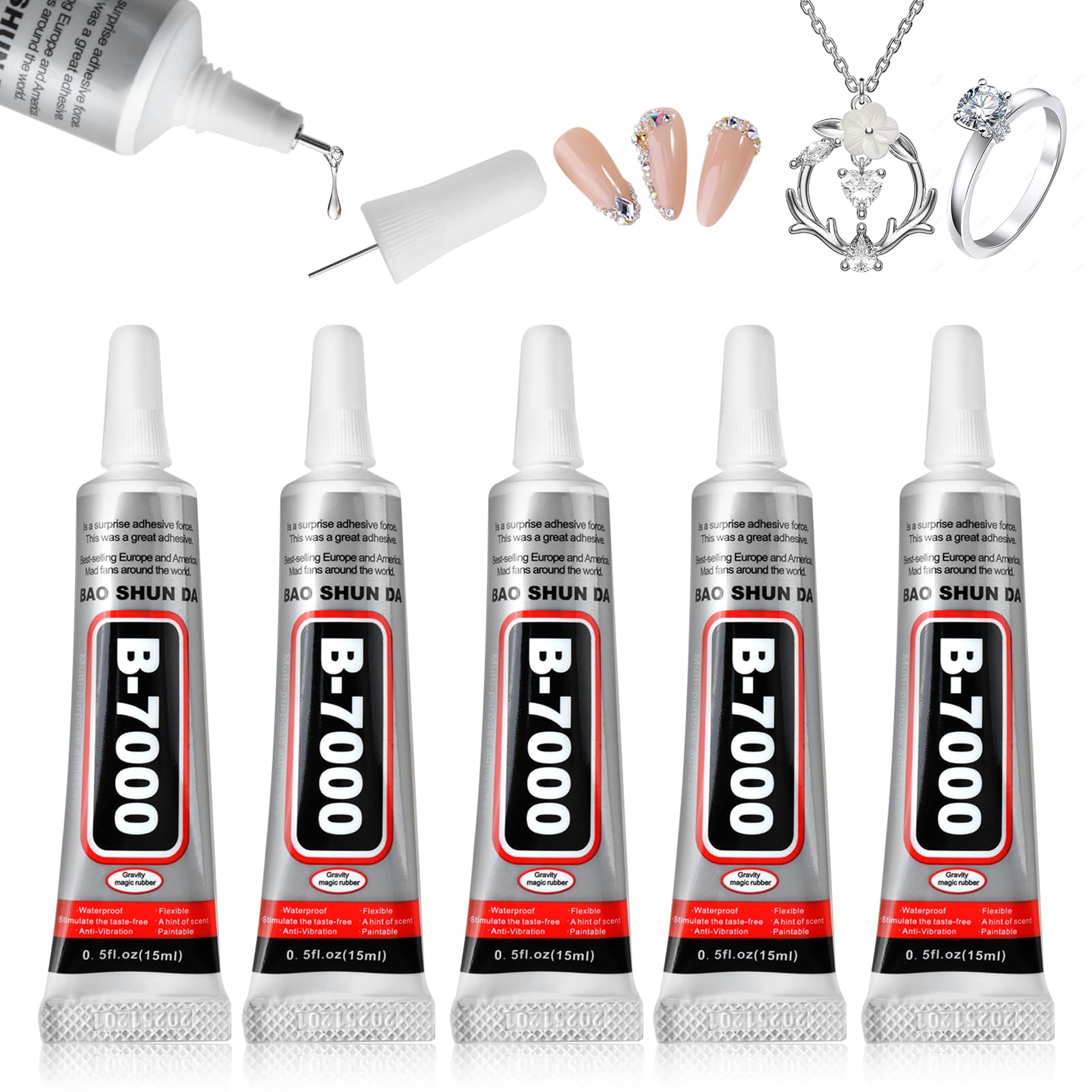 B7000 Glue, Jewellery Glue for Rhinestone Metal Stone Wood Fabric Clothing Shoes Mobile Phones Clear Adhesive, Multi-Purpose Adhesive for DIY, Crafts, Jewellery Making, Repairs (5 * 15ML, 0.5oz)