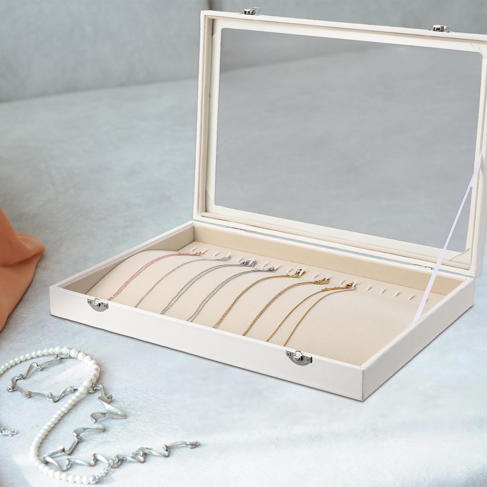Abaodam Bandeja para Collares de Madera Tapa Transparente, Organizador de Joyas para Mujer, Caja Expositor Compacta para Cadenas y Almacenamiento Seguro