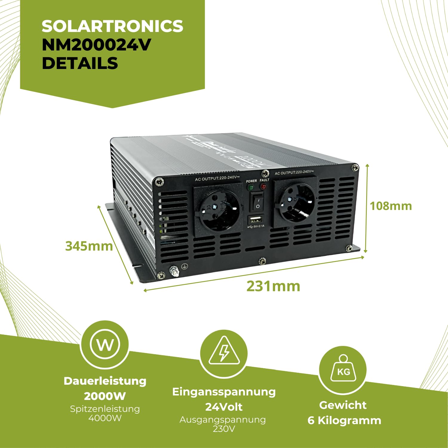 Solartronics NM2000 Transformador de Tensión 24V 230V Modificado Sinus 2000W-4000W Spitzenleistung - Inversor 24V sobre 230V Corriente con Schuko-& USB Conexión Solar Inverter Convertidor