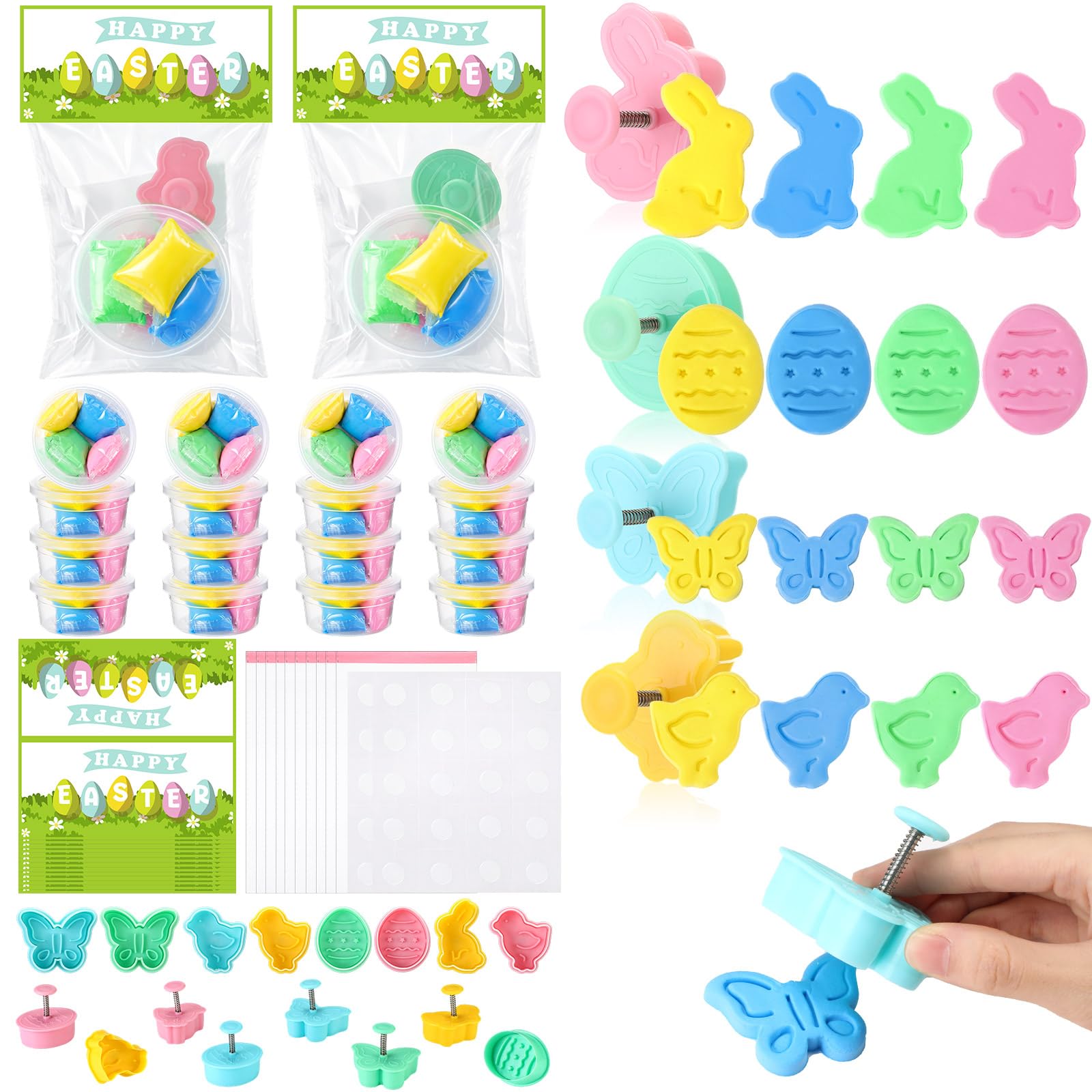 24 set di argilla secca all'aria, kit fai da te, coniglietto, pulcino, uova e farfalle, argilla con biglietti di auguri, regalo per feste di Pasqua, cestini, riempitivi per attività