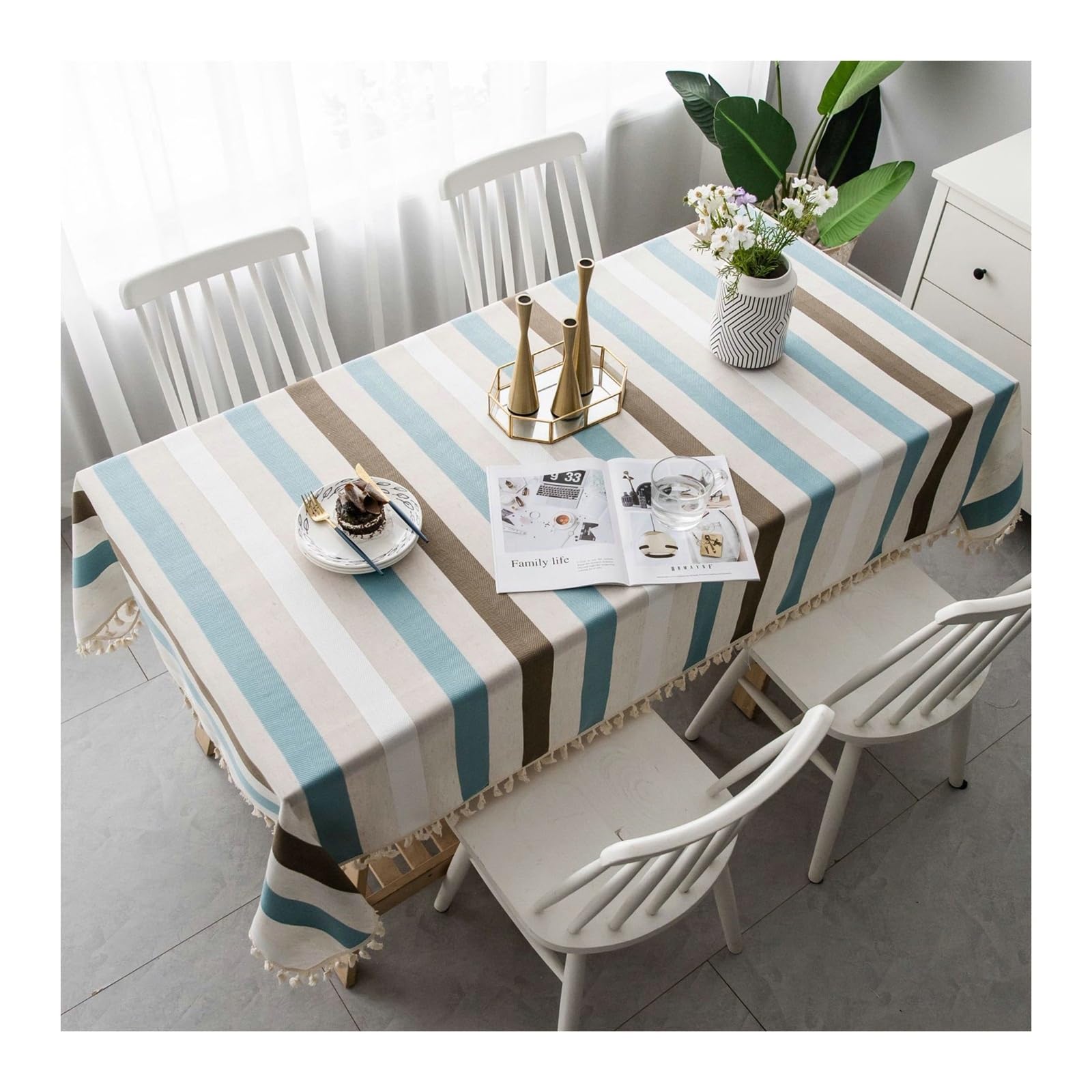 Nappe tricolore rayures anti tache et déperlante en coton lin durable