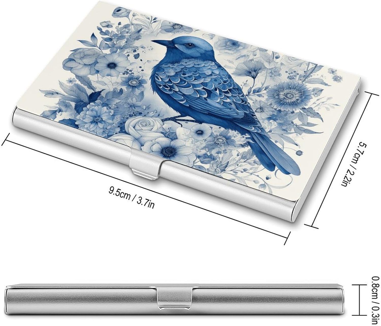 Bluebird And Flowers Slim Business Card Holder Metal Card Case
