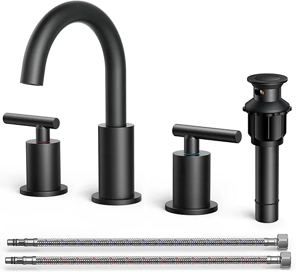 FORIOUS Black Bathroom Faucet 3 Hole, 8 Inch Widespread Matte Black Bathroom Sink Faucet with 360°Swivel Spout, Suitable for 6-12 Inch Vanity Sink, with Metal Pop-up Drain and cUPC Supply Line