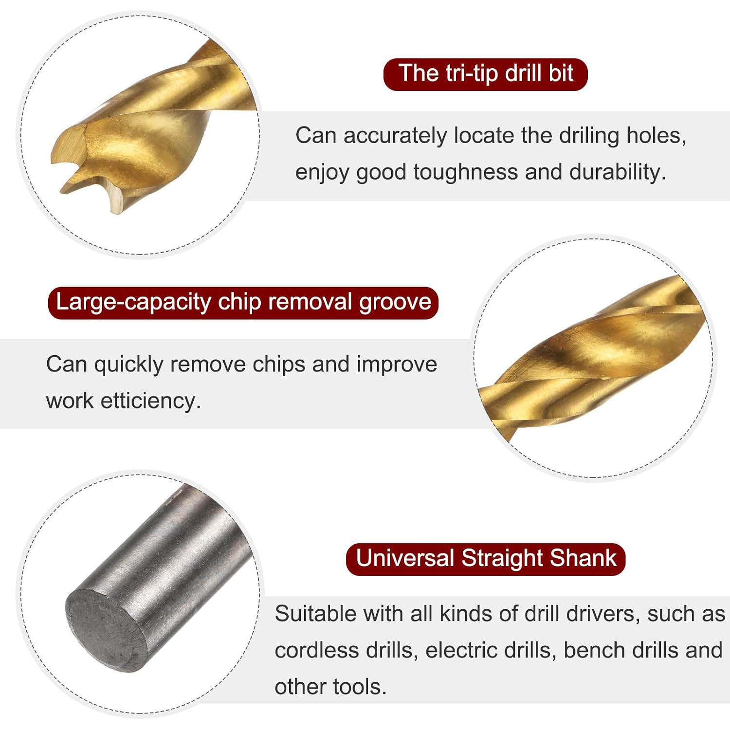 HARFINGTON Brad Point Drill Bit 10.5mm(13/32") Dia Straight Round Shank Drill Metric Brad Point Spiral Twist Drill Bits for Carpenter Woodworking Plastic Rubber, Golden