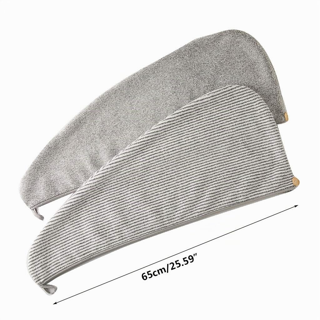 Bambou Microfibre Cheveux Serviette Wrap Gris Rayé Séchage Rapide Douche Turban Bonnet avec Bouton Super Absorbant Anti-Frisottis Bonnet de Bain pour Femmes Fille