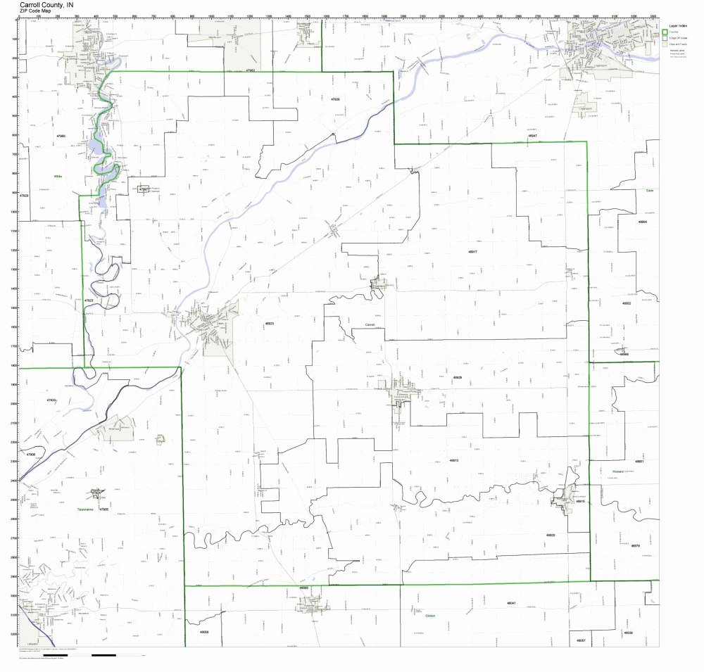 Carroll County, Indiana IN ZIP Code Map Not Laminated