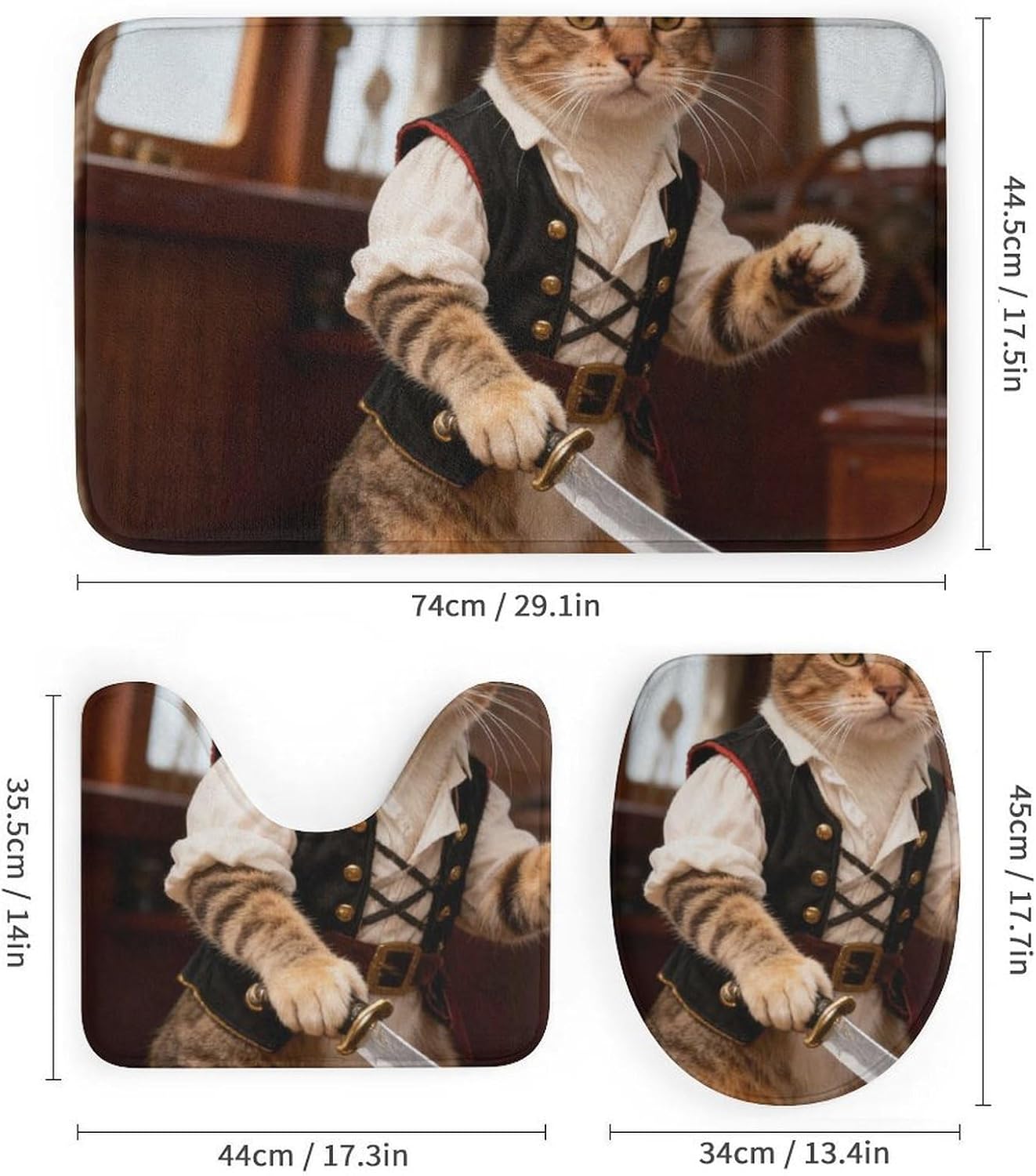 4 Piece Bathroom Rug Set with Shower Curtain, Non-Slip Bath Mat Toilet Cover Set, Cat Swordsman Bathroom Rug Sets