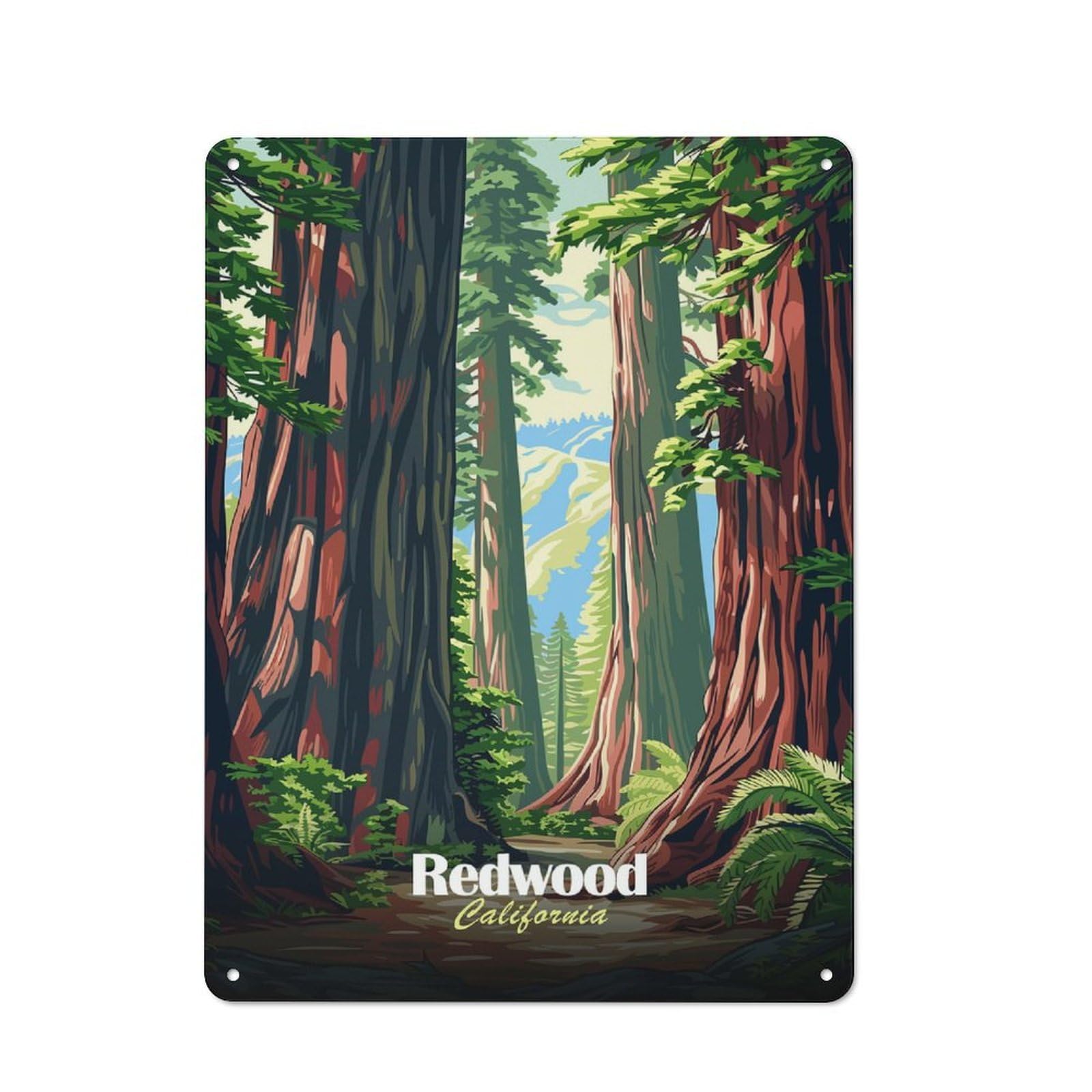 Classic Redwood Forest California Illustration Metal Wall Plaque 40x30cm, Nostalgic Wall Art for Living Room, Hallway, Kitchen Or Cafe