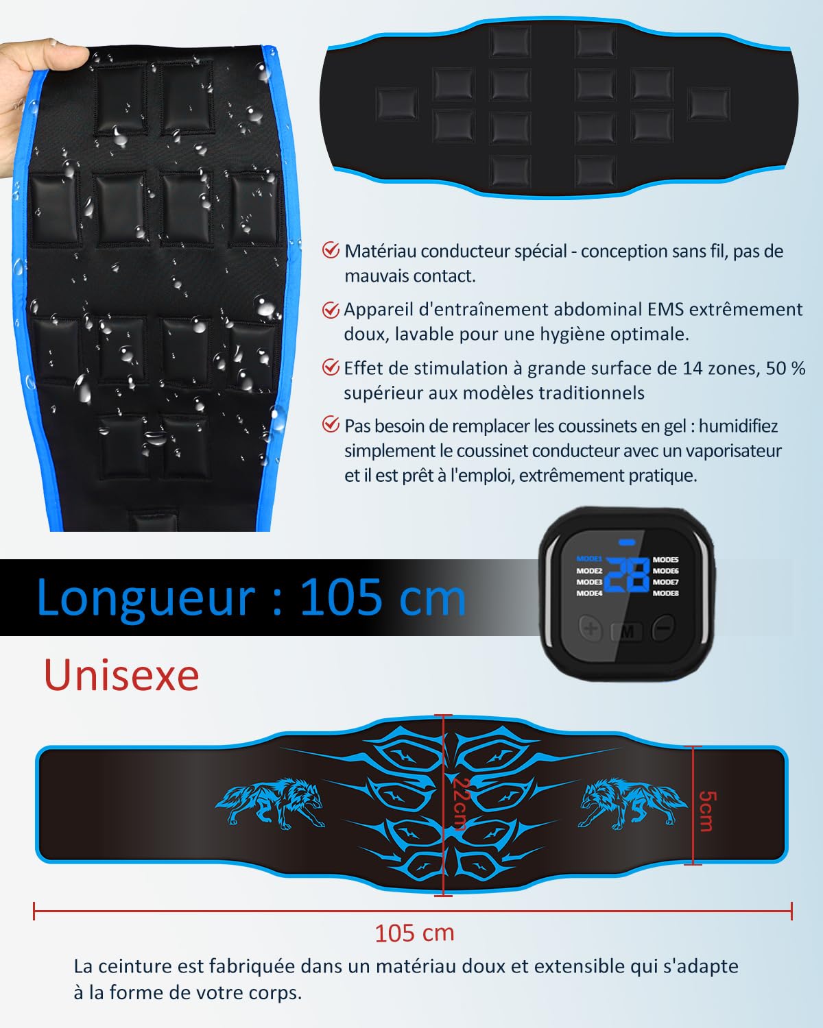 Stimulateur Musculaire Electrique – Ceinture Abdominale Electrostimulation lavable , 8 modes, 30 niveaux, appareil de fitness portable rechargeable, Convient pour la maison, le bureau , Homme Femme