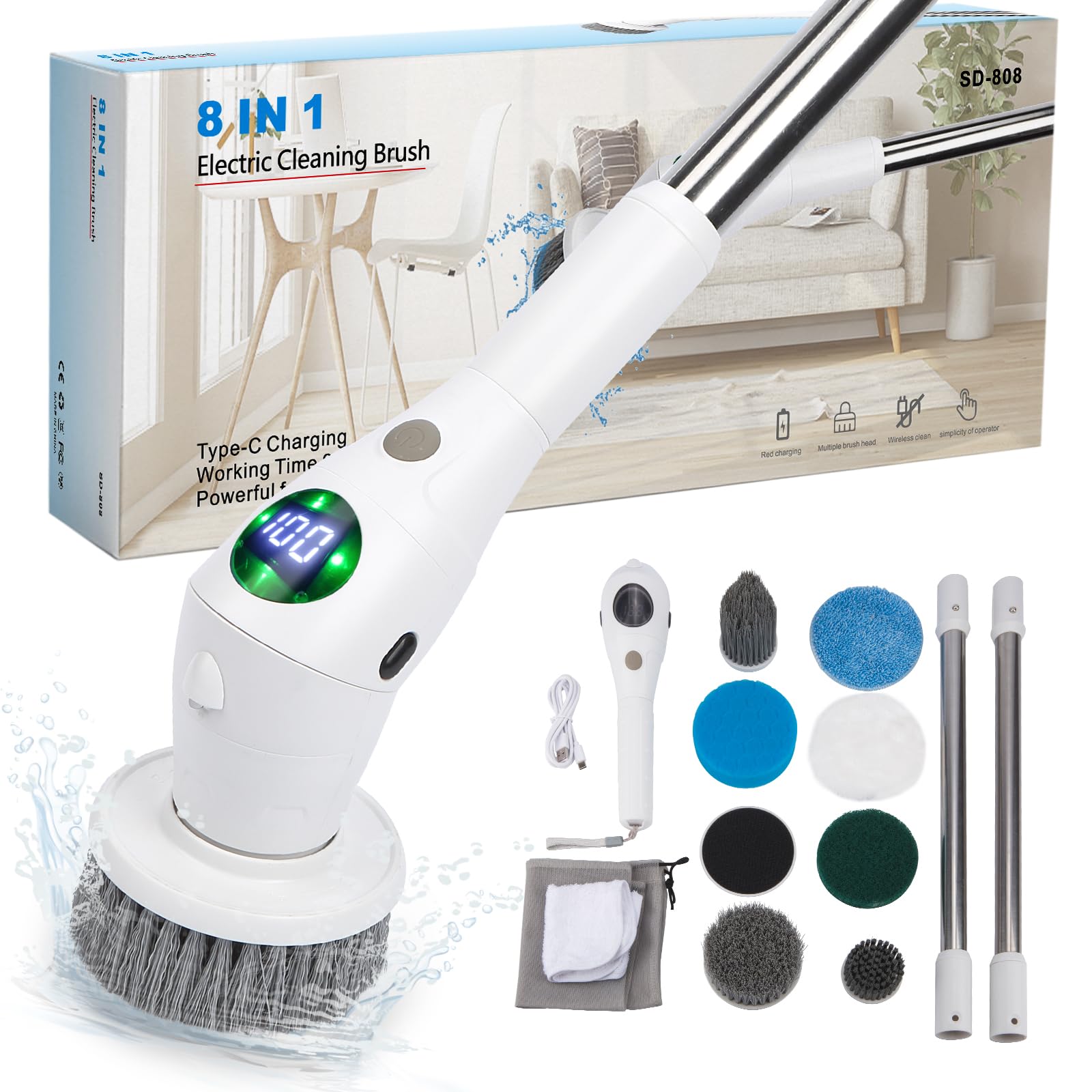 JoyGeek Electric Spin Scrubber Cordless Cleaning Brush LED Light Battery Indicator Screen with 8 Replaceable Brush Heads 3 Adjustable Speeds for Kitchen Shower Bathtub Car Cleaning