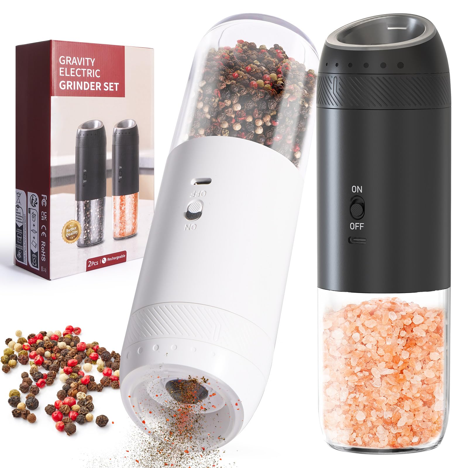 Moulin à poivre et sel électrique rechargeable Gravity lot de 2 réglable automatique noir blanc