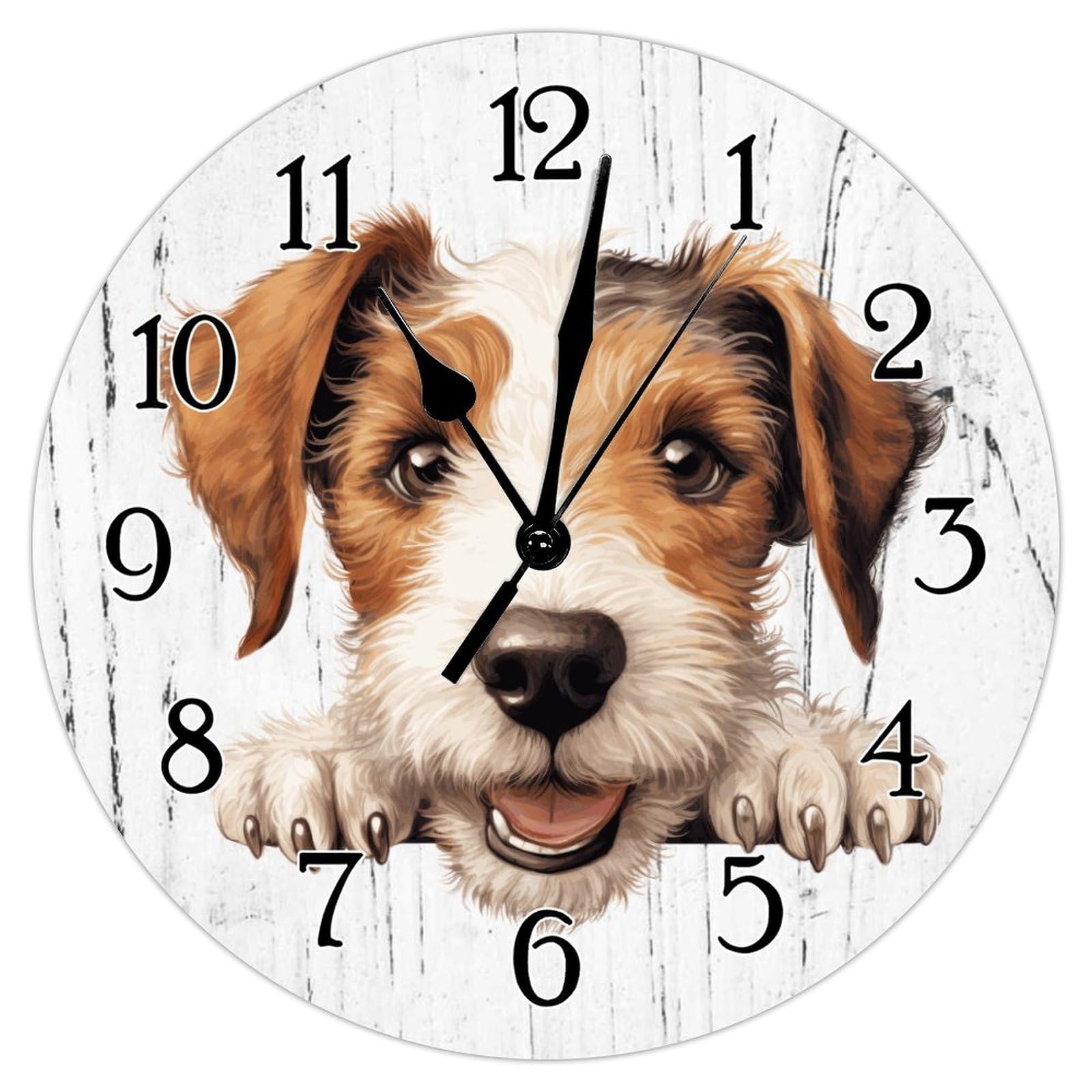 Swavecat Wire Fox Terrier Wooden Decorative Wall Clock Wire Fox Terrier Cute Funny Peeking Dog Puppy Clocks Battery Operated Silent Wall Clocks Pet Owner Gift Wooden Clock for Home 10x10in