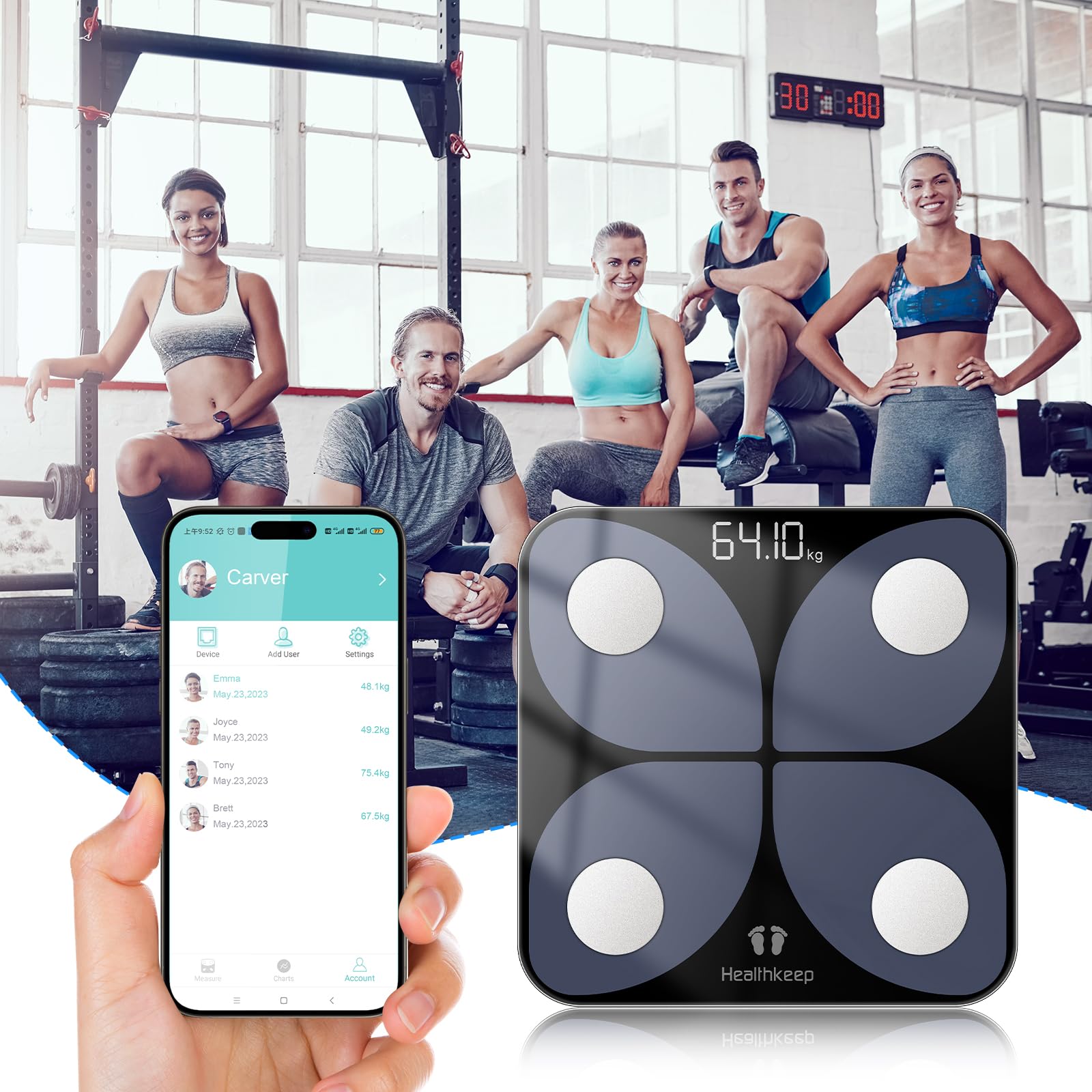 Báscula de grasa corporal, báscula digital con aplicación inteligente, báscula de análisis corporal con Bluetooth, para grasa corporal, IMC, masa muscular, proteínas, BMR, 26 cm x 26 cm