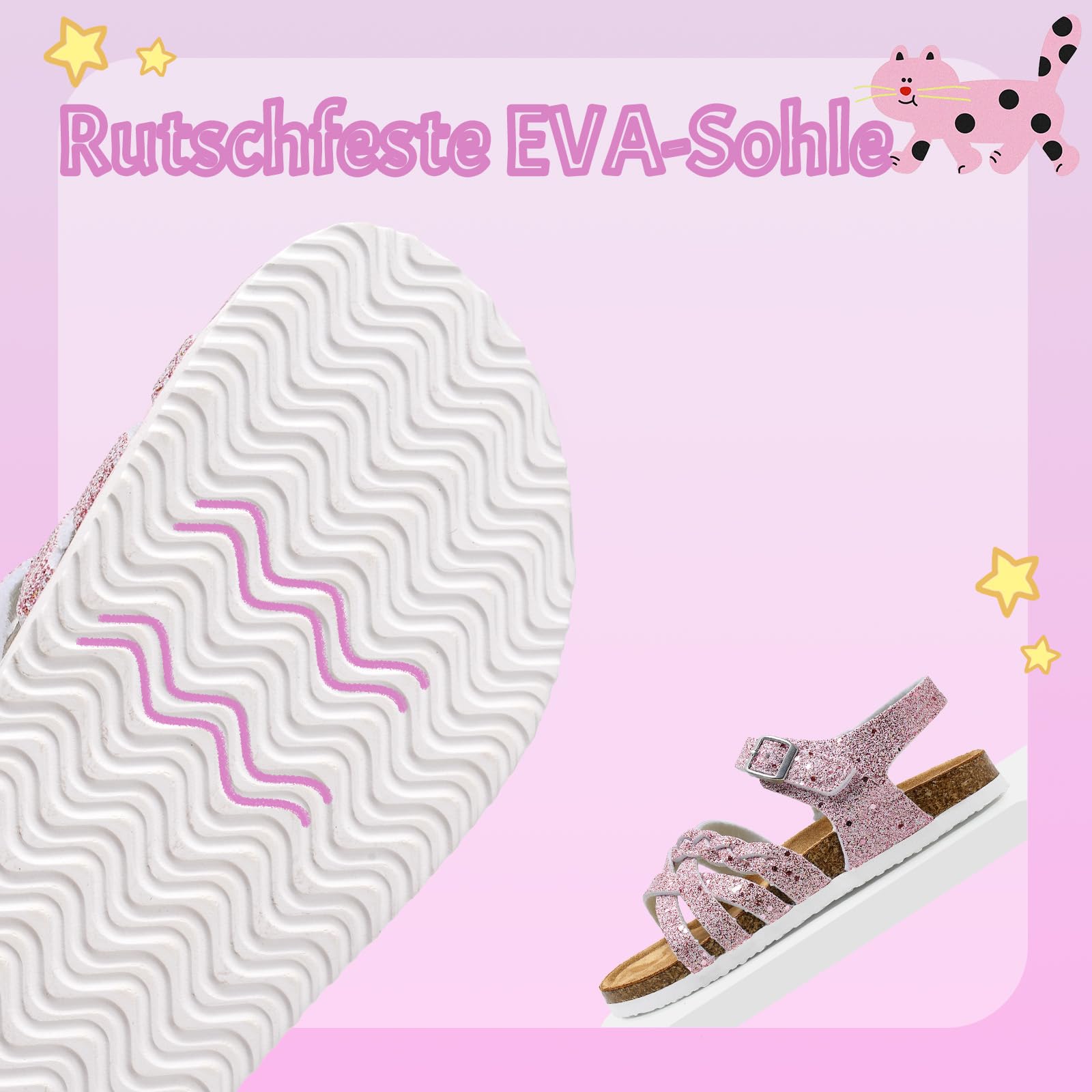Torotto Sandalen Mädchen Mit Kork Sandals Kinder Pantoffeln Riemen Verstellbare Schnalle Rutschfeste Mit Klettverschluss Sandaletten für Drinnen und Draußen(Rosa Glitter, 33EU)