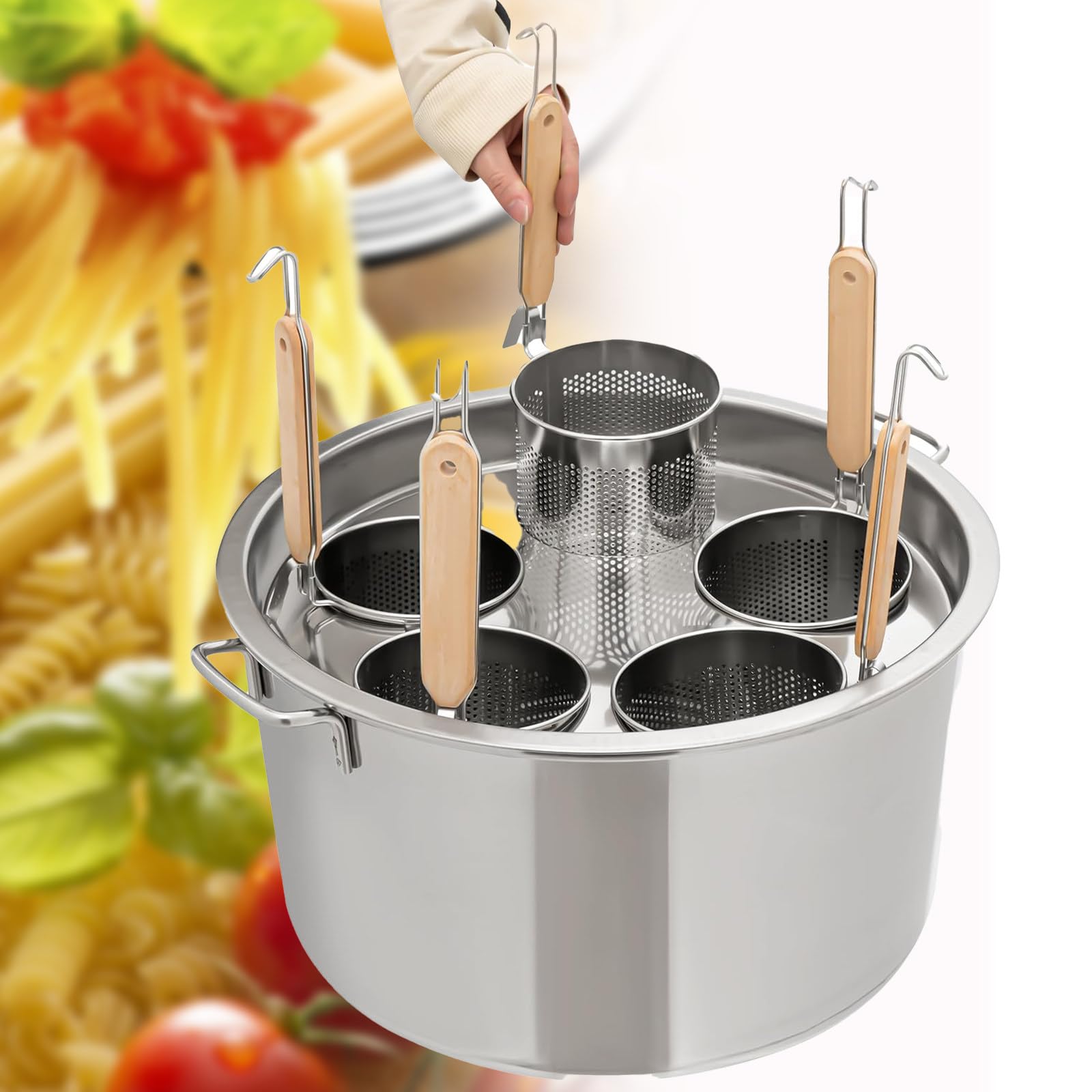 Set di Inserti per cuocipasto, pentola per Pasta con cestello per colino, pentola per Spaghetti, pentola per Pasta in Acciaio Inox con Coperchio per Cucina di casa, Mensa, 5 Fori