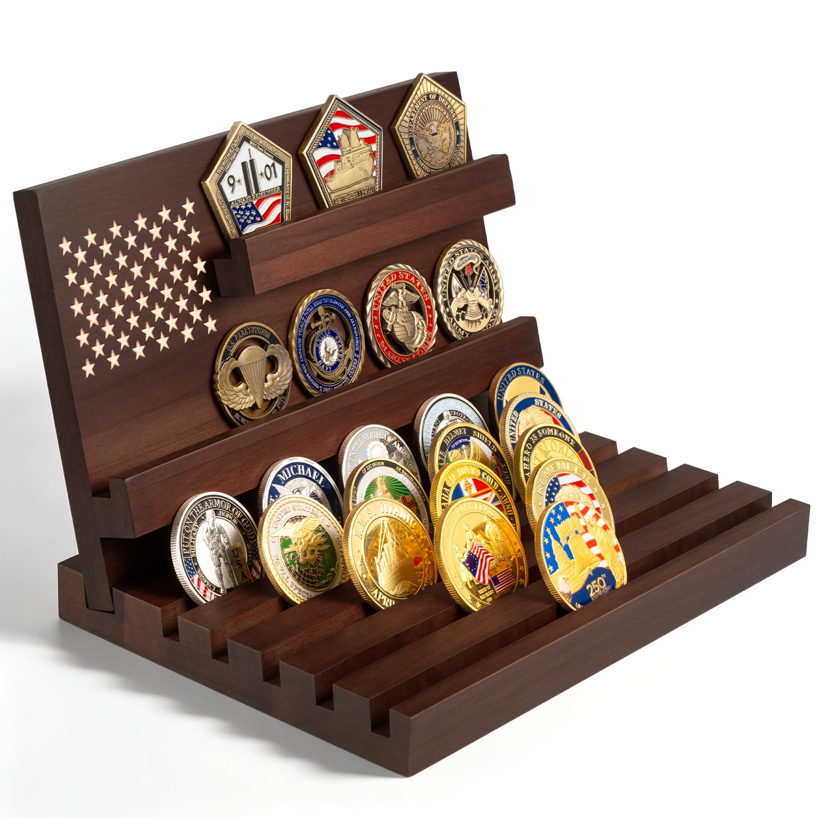 Challenge Coin Display, Mahogany Military Coin Holder Tabletop Case