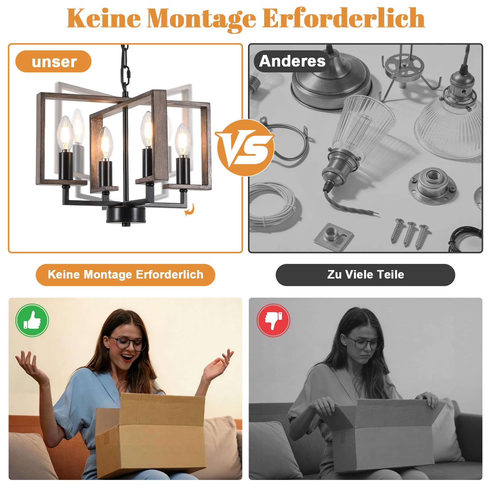 Kronleuchter Vintage Pendelleuchte Esstisch Imitat Holzmaserung 4 Flammig | Hängelampe Wohnzimmer HöHenverstellbare Rustikal Geometrisch Hängeleuchte, Deckenlampe Esszimmer für Küche Flur E14 Fassung