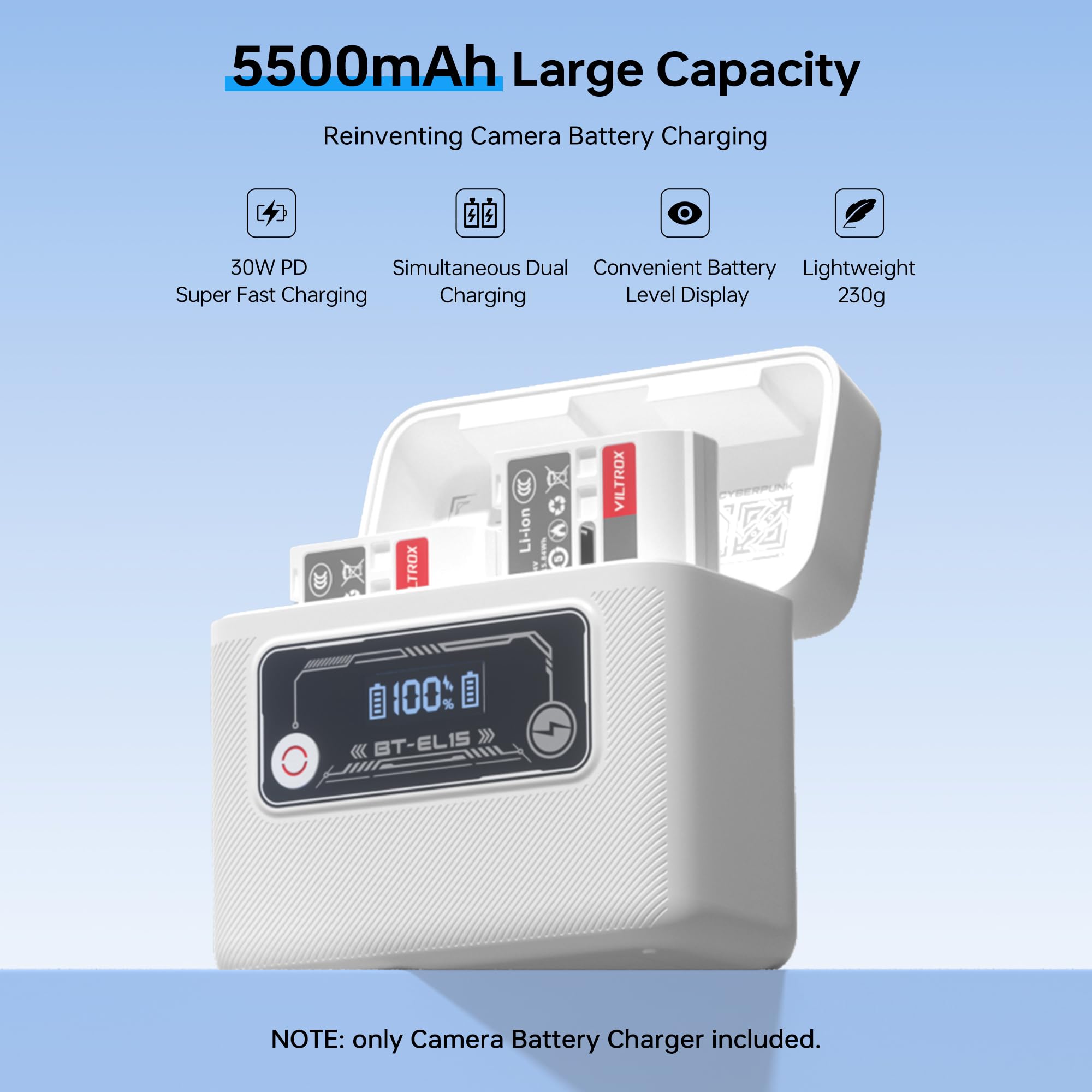 VILTROX EN-EL15 Dual-Akku-Schnellladegerät mit integrierter 5500mAh Powerbank und bidirektionaler 30W USB-C Schnellladefunktion Kompatibel mit Nikon D7200, D7100, D7000, D500, Z7II, Z7, Z5, D610