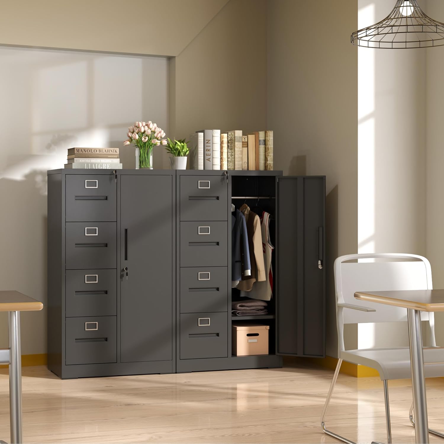 4 Drawer Metal File Cabinet with 1 Door,Steel Storage Locker Cabinets for Employees,Home Office Black Filing Cabinets for Legal/Letter Size Files,Assembly Required