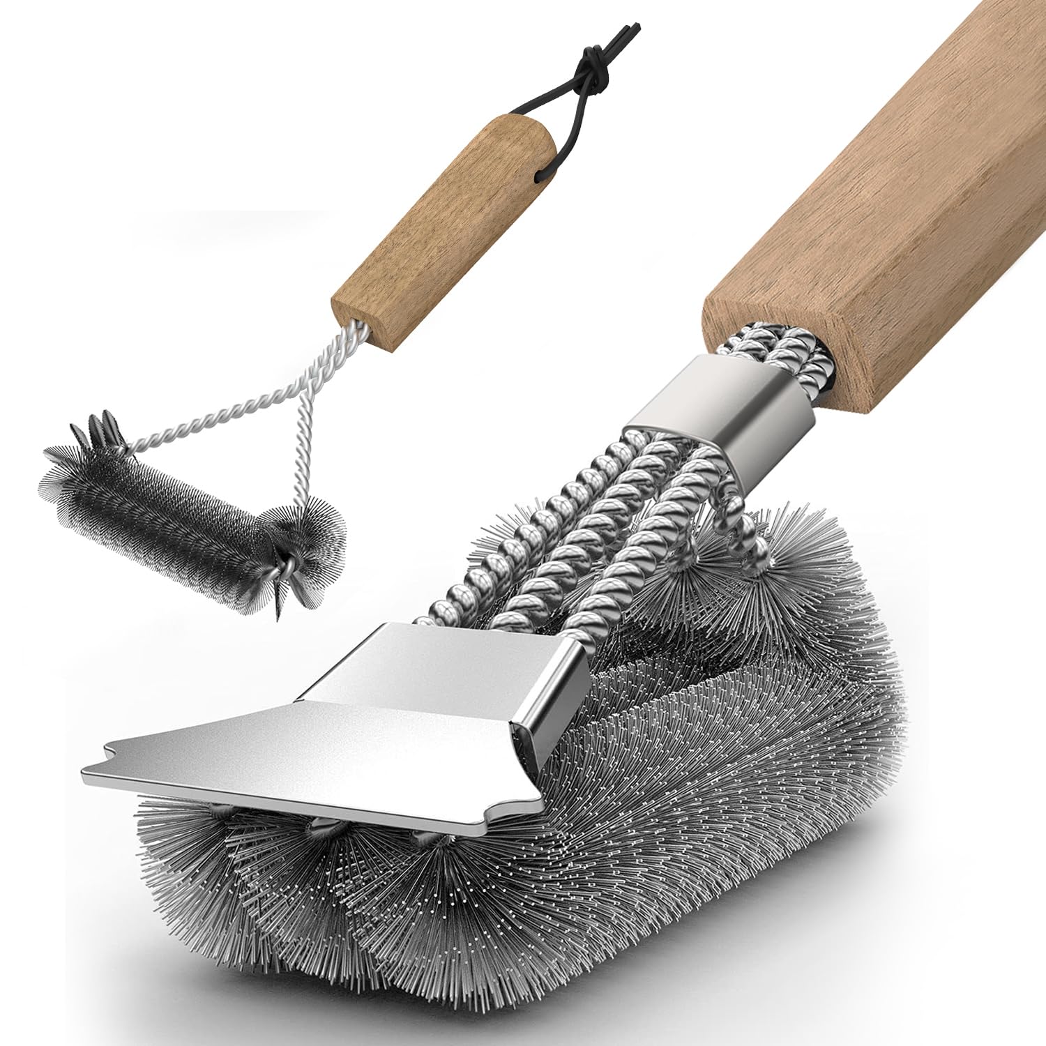 Grill Brush (Pack of 2), Grill Cleaning Brush with Wooden Handle, 39 cm Grill Brush with Stainless Steel Scraper, Dense Stainless Steel Bristles, Triangular 360° Grill Wire Brush Barbecue Accessories