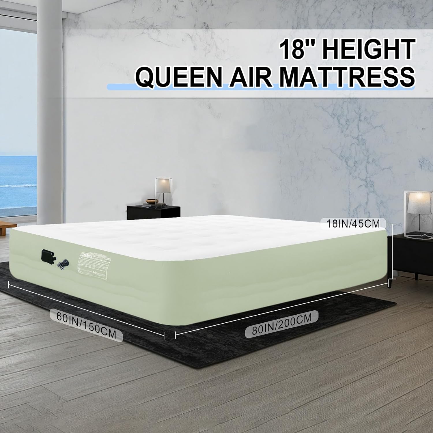 Queen Size Air Mattress with Built in Pump, 18'' Raised Blow Up Bed Inflatable Mattress for Camping & Travel, 3-Minute Quick Inflation/Deflation,Thick Velvet Texture Waterproof,18'' Green