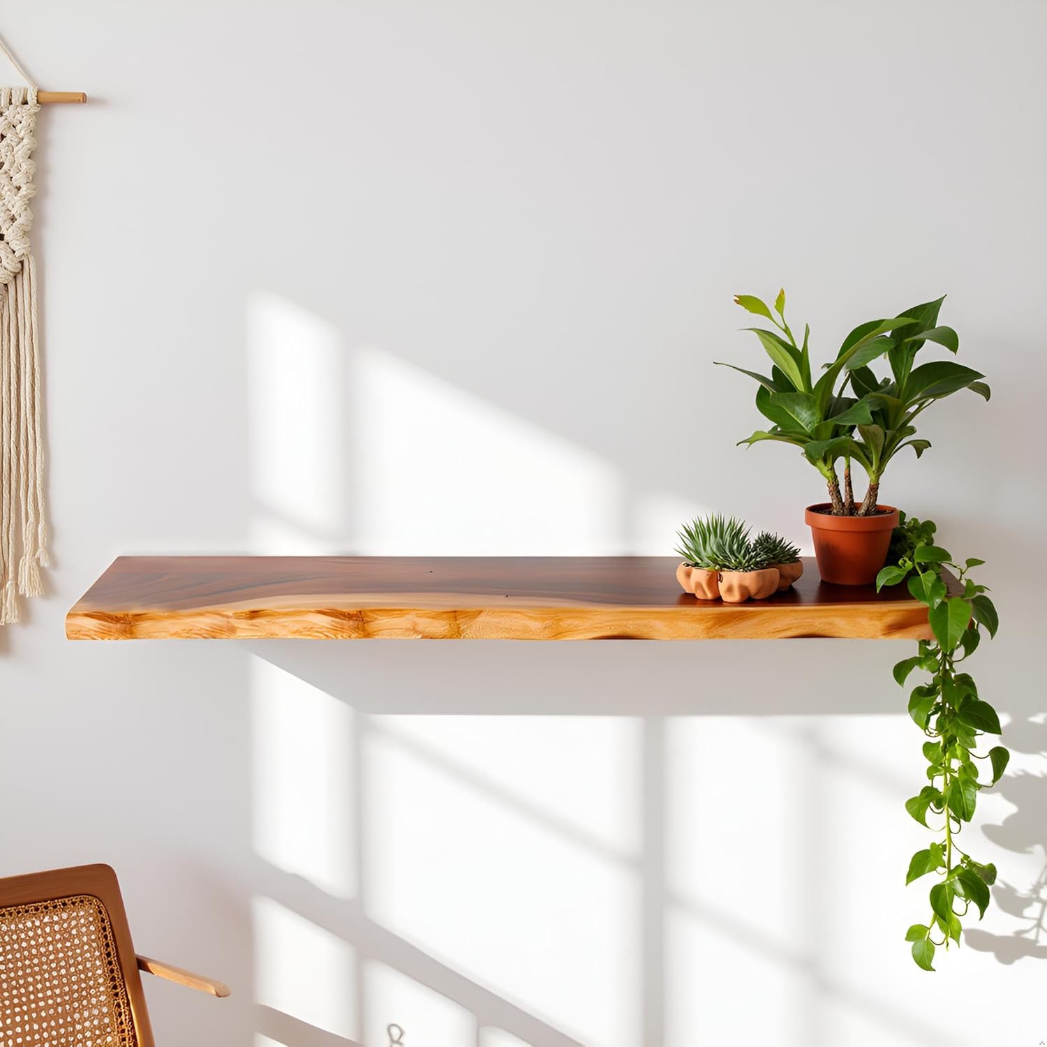Solid Wood Live Edge Floating Wall Shelf 42" x 8" x 1.4" Rustic Wooden Long Acacia Wall Shelf Bedroom Living Room Office Entryway Home Décor Handmade Plants Book Shelves 1 PC