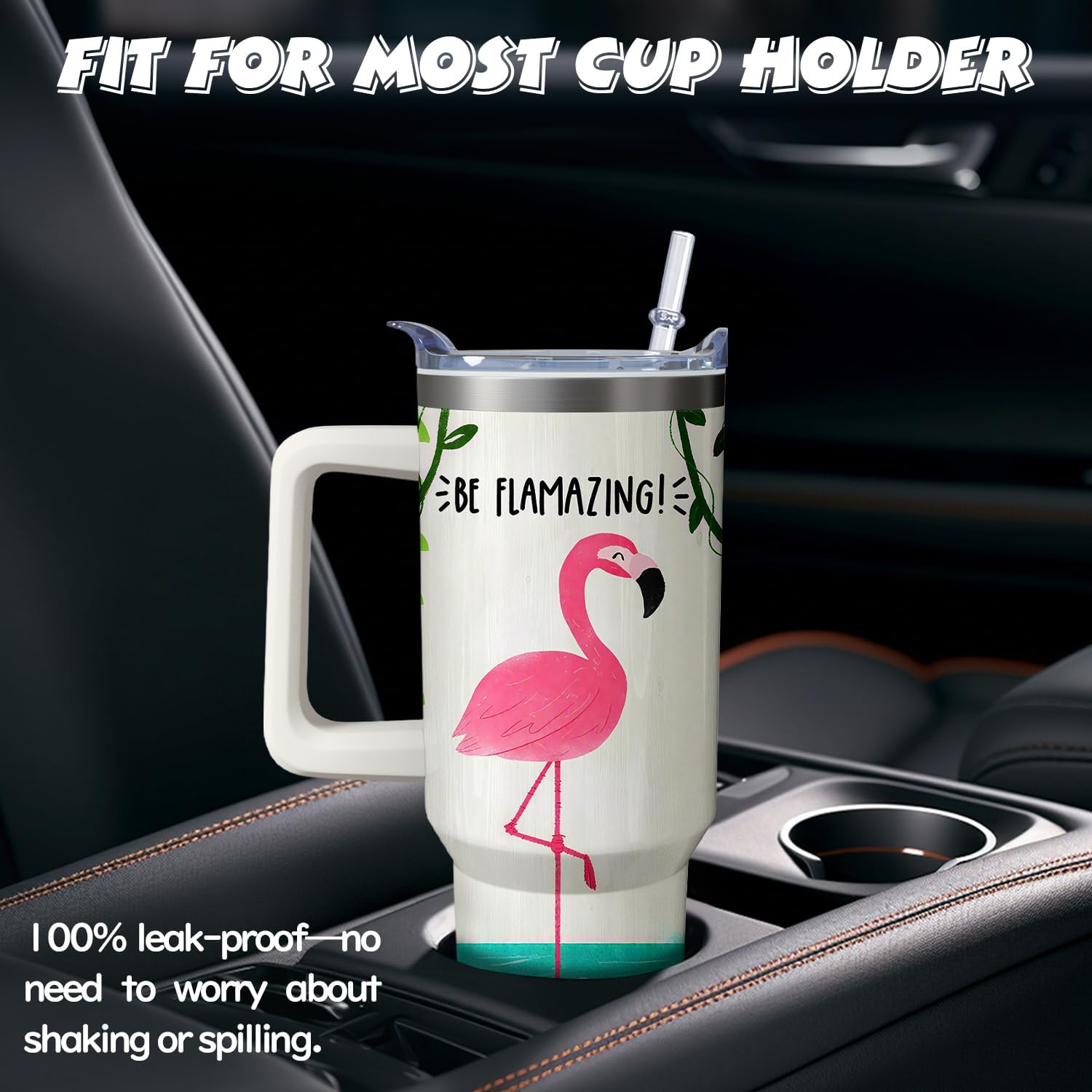 40oz Cute Flamingo Tumbler with Handle and Straw, Animal Lovers Gifts for Women Men, Stainless Steel Travel Mug Water Bottle, Vacuum Insulated Cup with Lid - Image 4