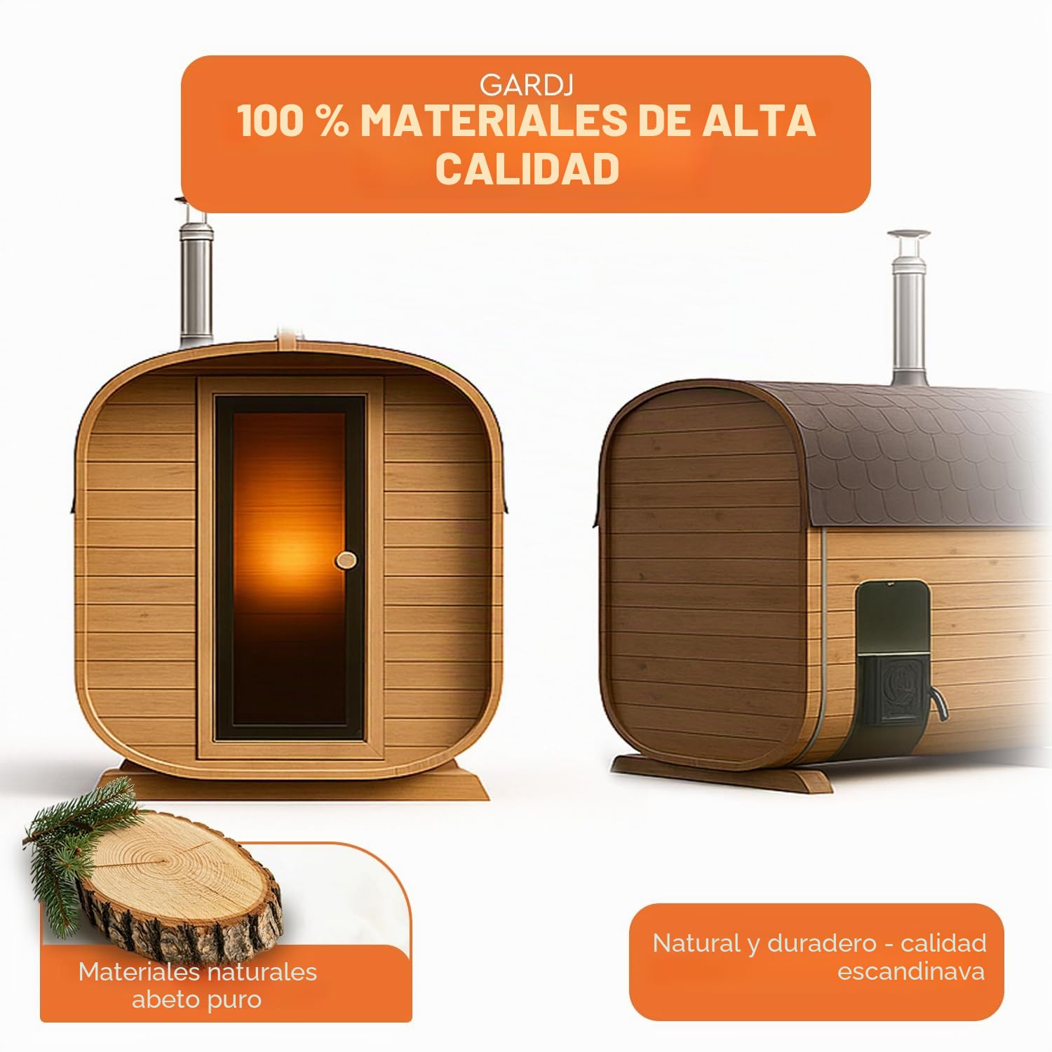 Fasssauna de jardín al aire libre de abeto nórdico – Varias tallas (2–6 personas) – Con estufa de leña o eléctrica a elección – Incluye set de accesorios (180 cm, cuadrada, estufa de leña)
