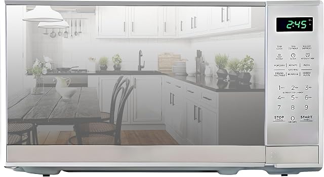 Total Chef Compact Countertop Microwave Oven, 700W, 0.7 Cubic Feet Capacity, Digital Touchscreen Controls, One-Touch Push-Button Opening, 6 Pre-Set Cooking Modes, Silver Stainless Steel