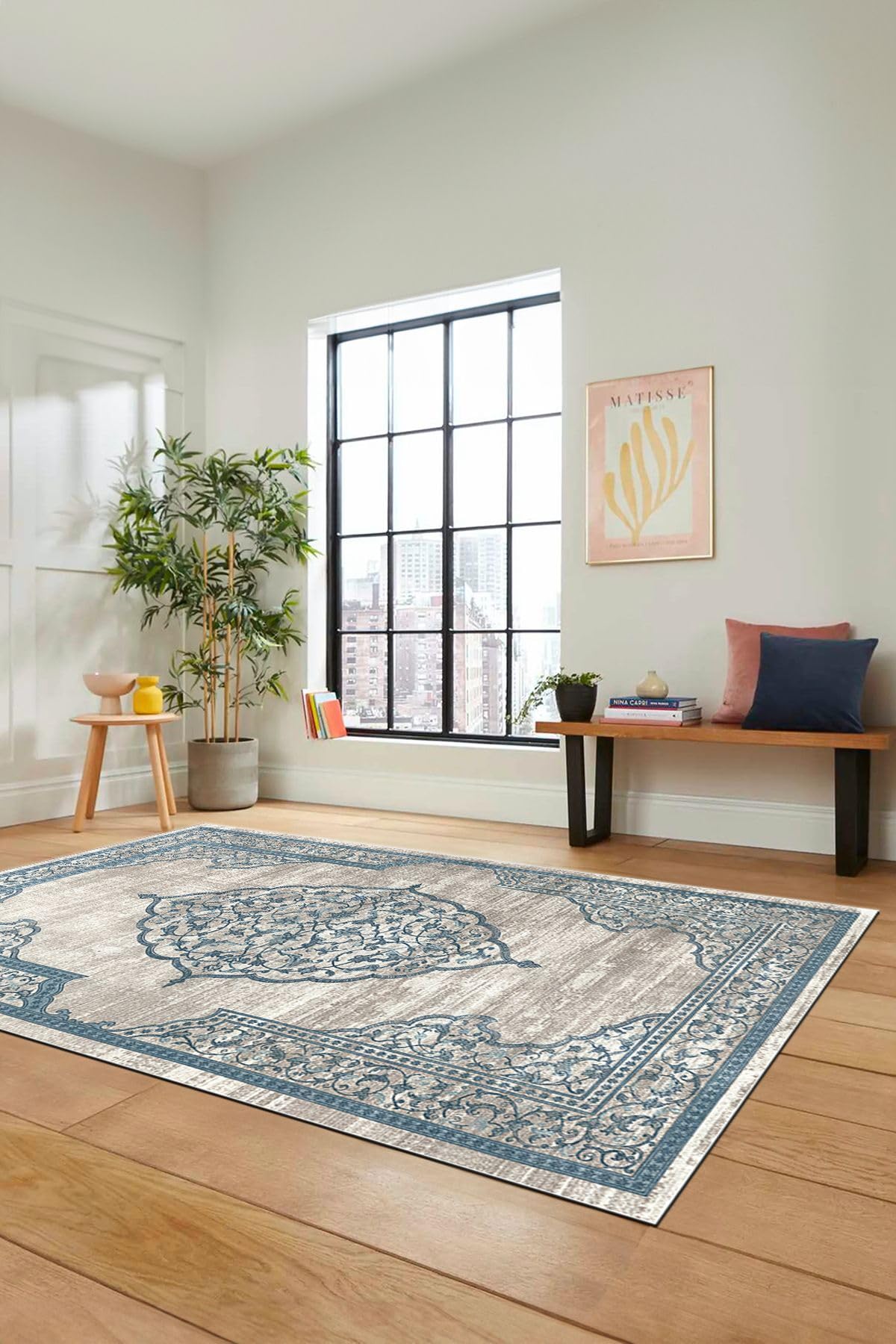 Evdeya Zarif Klasik Desen Dijital Kaymaz Taban Yıkanabilir Yolluk Mutfak Salon Halısı KLASİK-14, Mavi, 100 x 200