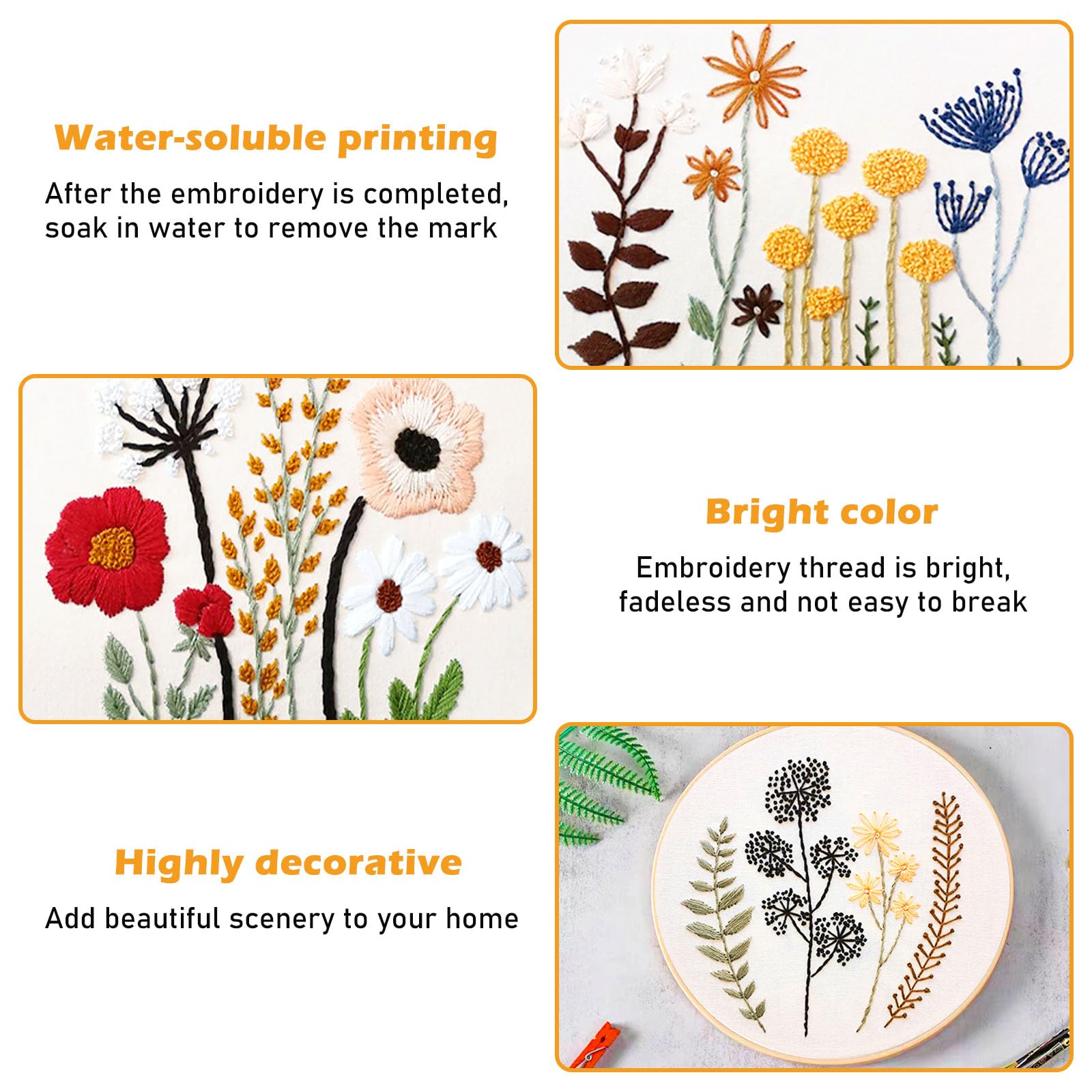 Vegena Borduurset voor beginners, 3-delige set, handgemaakte kruissteekset, ronde verstelbare borduurtoolset, kruissteeksets met 3 borduursels met bloemen- en dierenpatronen