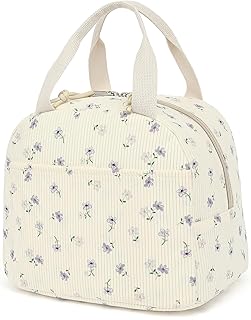 Corduroy Lunch Box for Women Girls, Cooler Lunch Bags Reusable Insulated Lunchbox for Picnic School Work Travel (Flowers Purple)