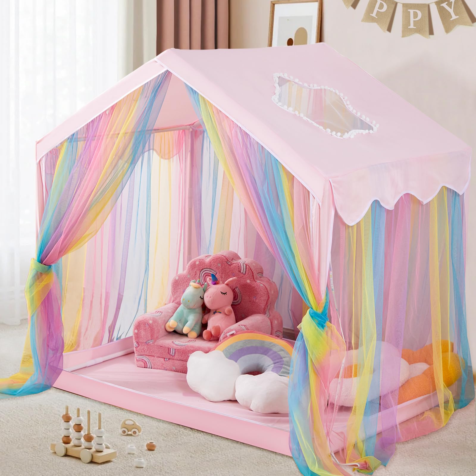 Princess Rainbow Kids Play Tent-Large Castle Playhouse for Girls,Indoor & Outdoor Toddlers Play Tent